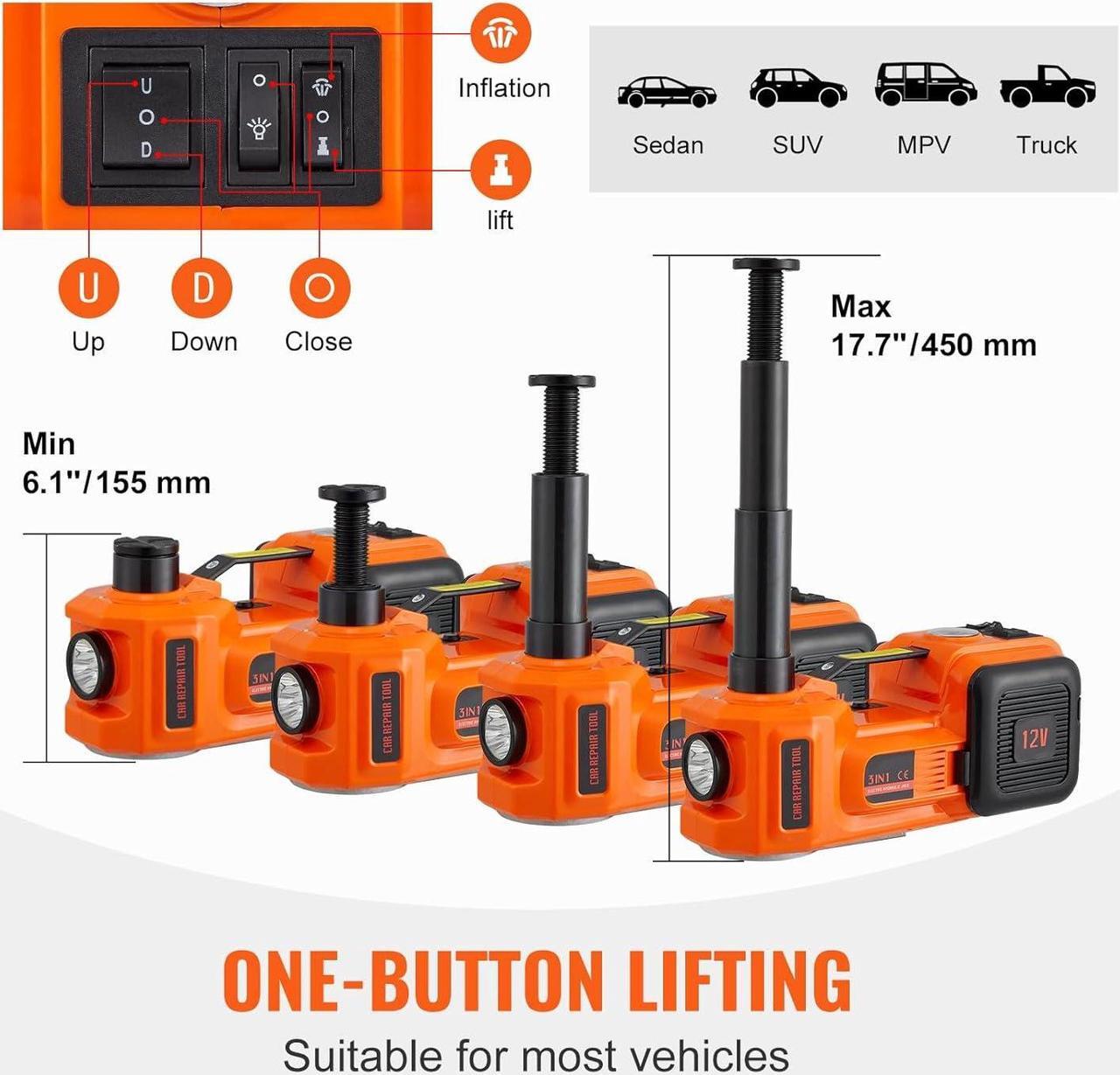 Alt view image 3 of 7 - Electric Car Jack, 5 Ton/11023 LBS Hydraulic Jack Lift with Electric Impact Wrench, Built-in Inflatable Pump, and LED Light for SUV MPV Sedan Truck Change Tires Garage Repair