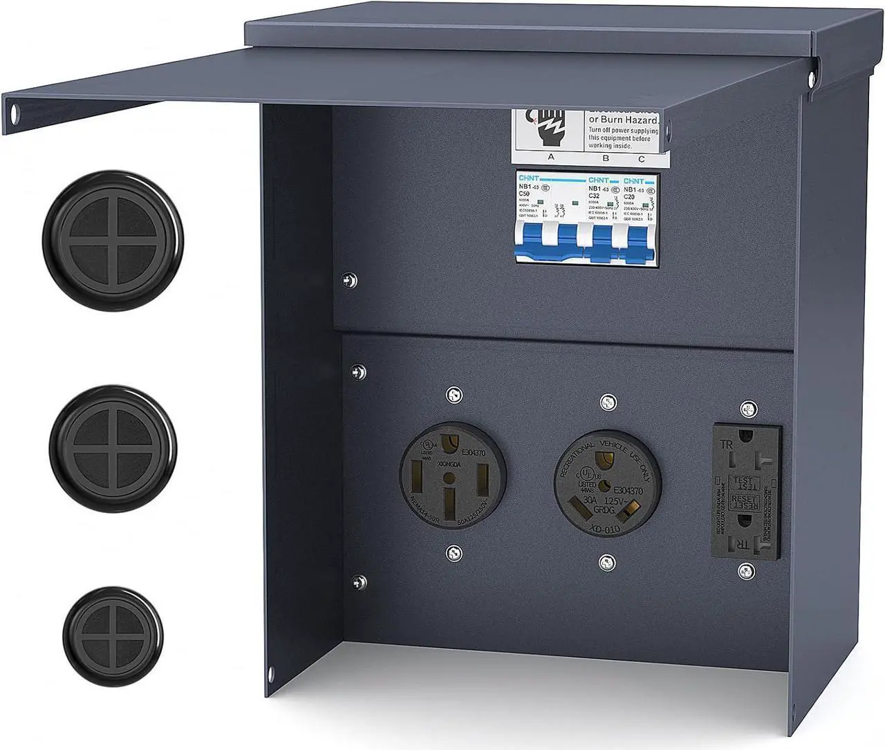 Main image of Power Outlet Panel Weatherproof, Thicker RV Pedeatal Electrical Breaker Box with 20, 30, 50 Amp Receptacle Installed and Prewired for Hookup RV Camper Travel Trailer Motorhome
