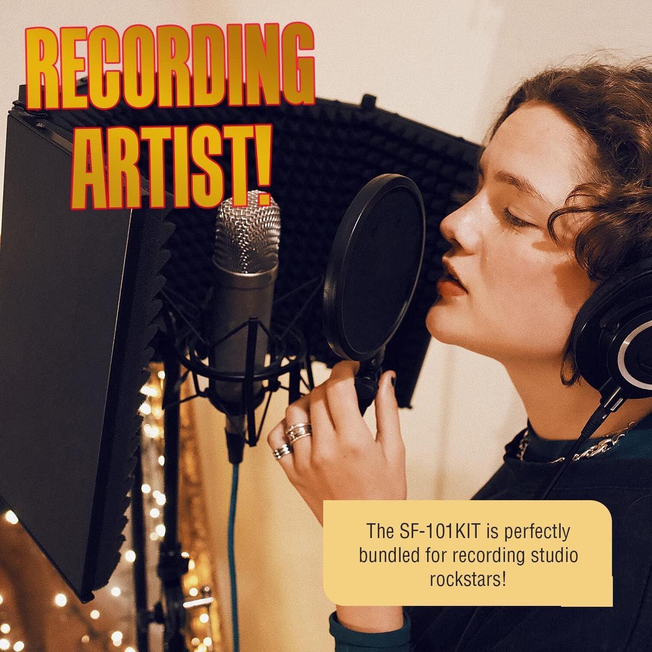 Alt view image 6 of 7 - Large 32x13 Recording Studio Microphone Isolation Shield w/ 3 Tier Tripod Stand and Pop Filter | Portable Sound Isolation Booth | Reflection Filter Shield | Studio Microphone Stand