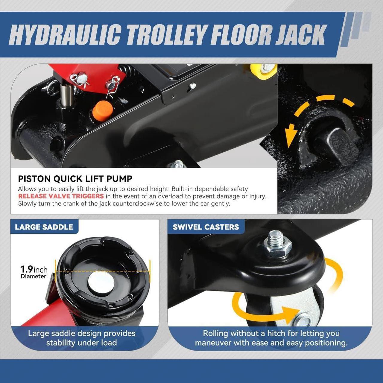 Alt view image 4 of 7 - 2 Ton (4000 lbs) Capacity Floor Jack Low Profile Garage Hydraulic Trolley Service Lift Floor Jack Combo with Ratchet Jack Stands for SUV, Car and Truck, Red/Black