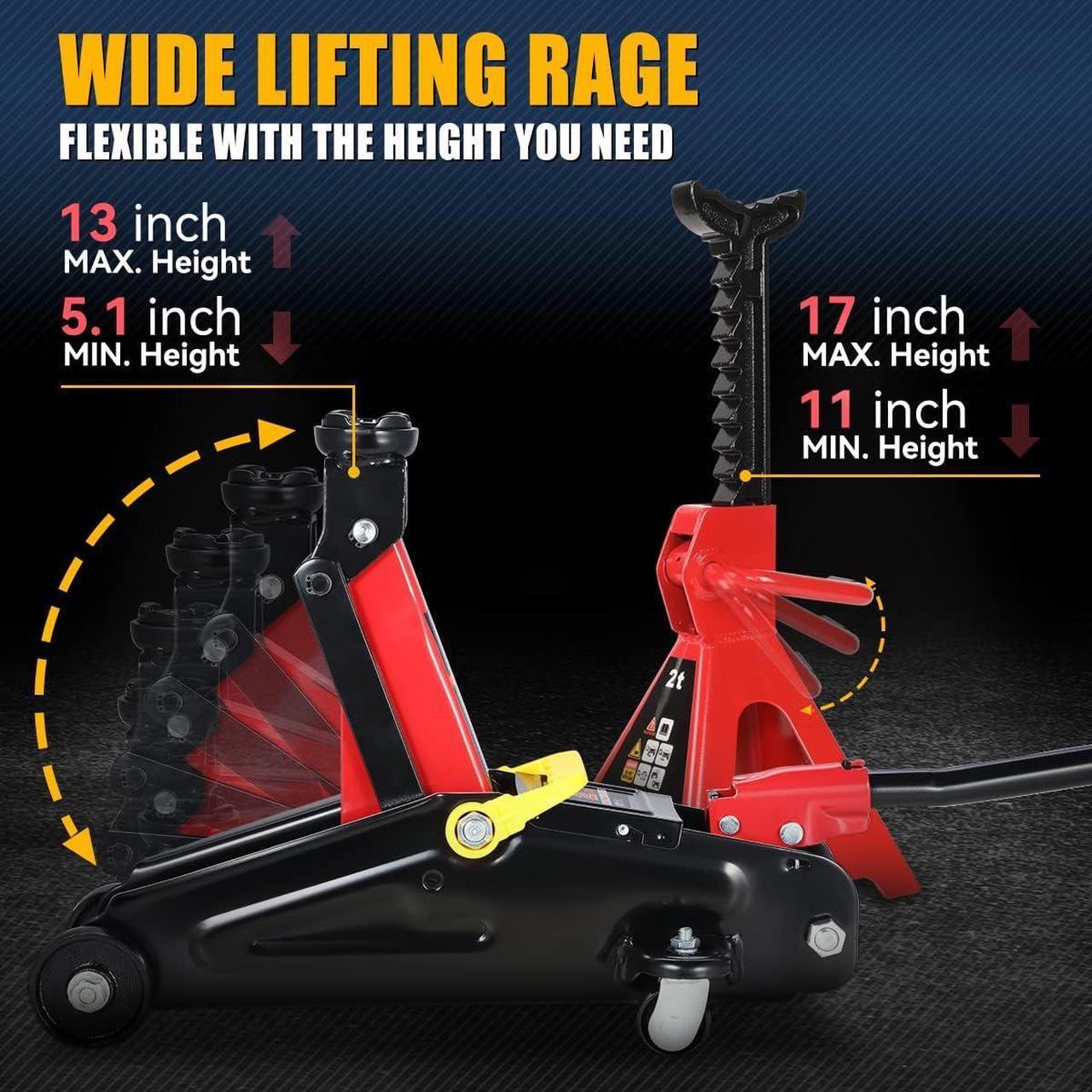 Alt view image 6 of 7 - 2 Ton (4000 lbs) Capacity Floor Jack Low Profile Garage Hydraulic Trolley Service Lift Floor Jack Combo with Ratchet Jack Stands for SUV, Car and Truck, Red/Black