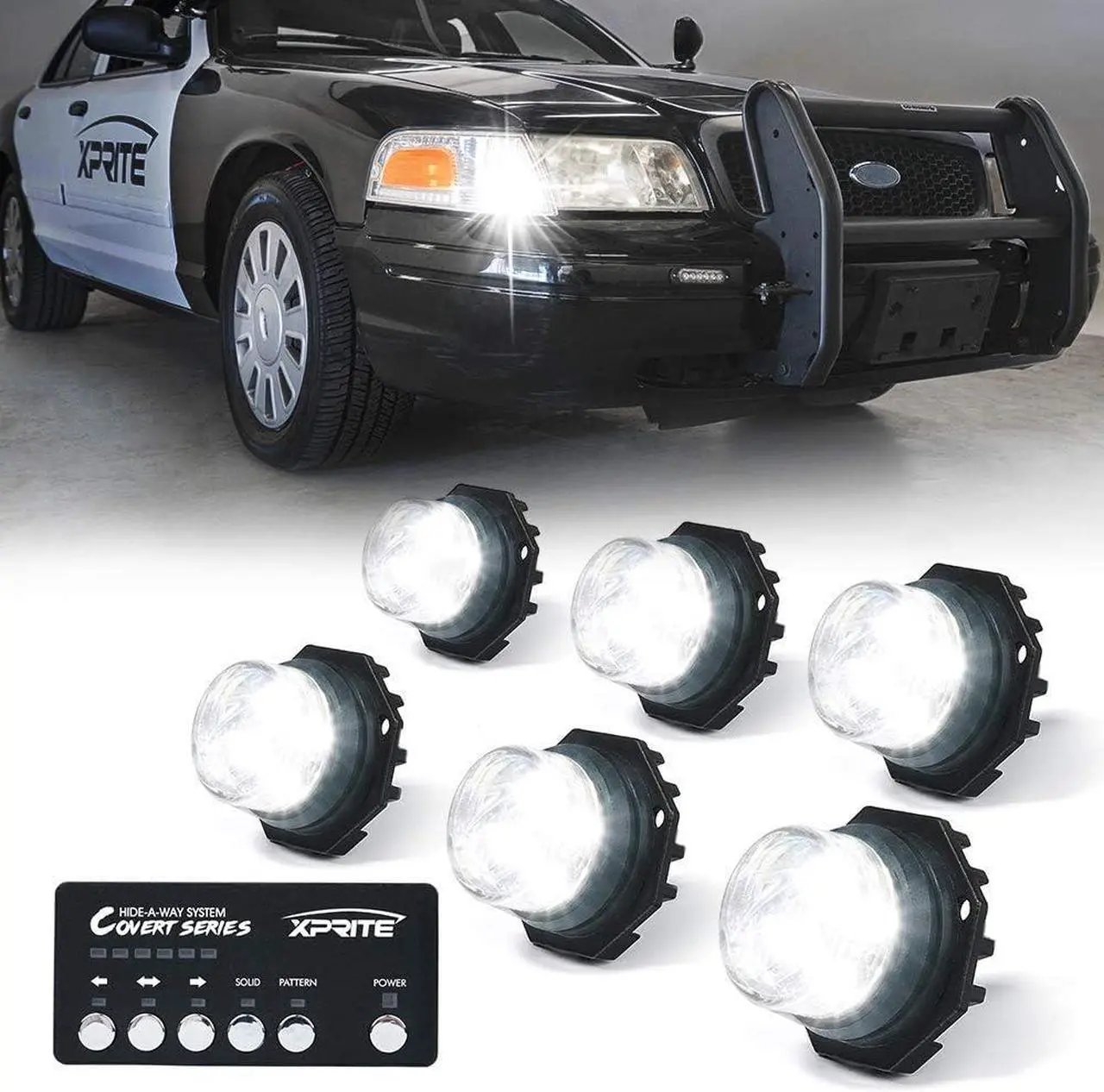 Main image of White LED Hideaway Emergency Strobe Lights Kit, 20 Flashing Modes w/Controller Headlights Taillights Fog Light Mounting, Hazard Warning Caution Light for 12V Vehicles Pickup Trucks Vans 6PCS