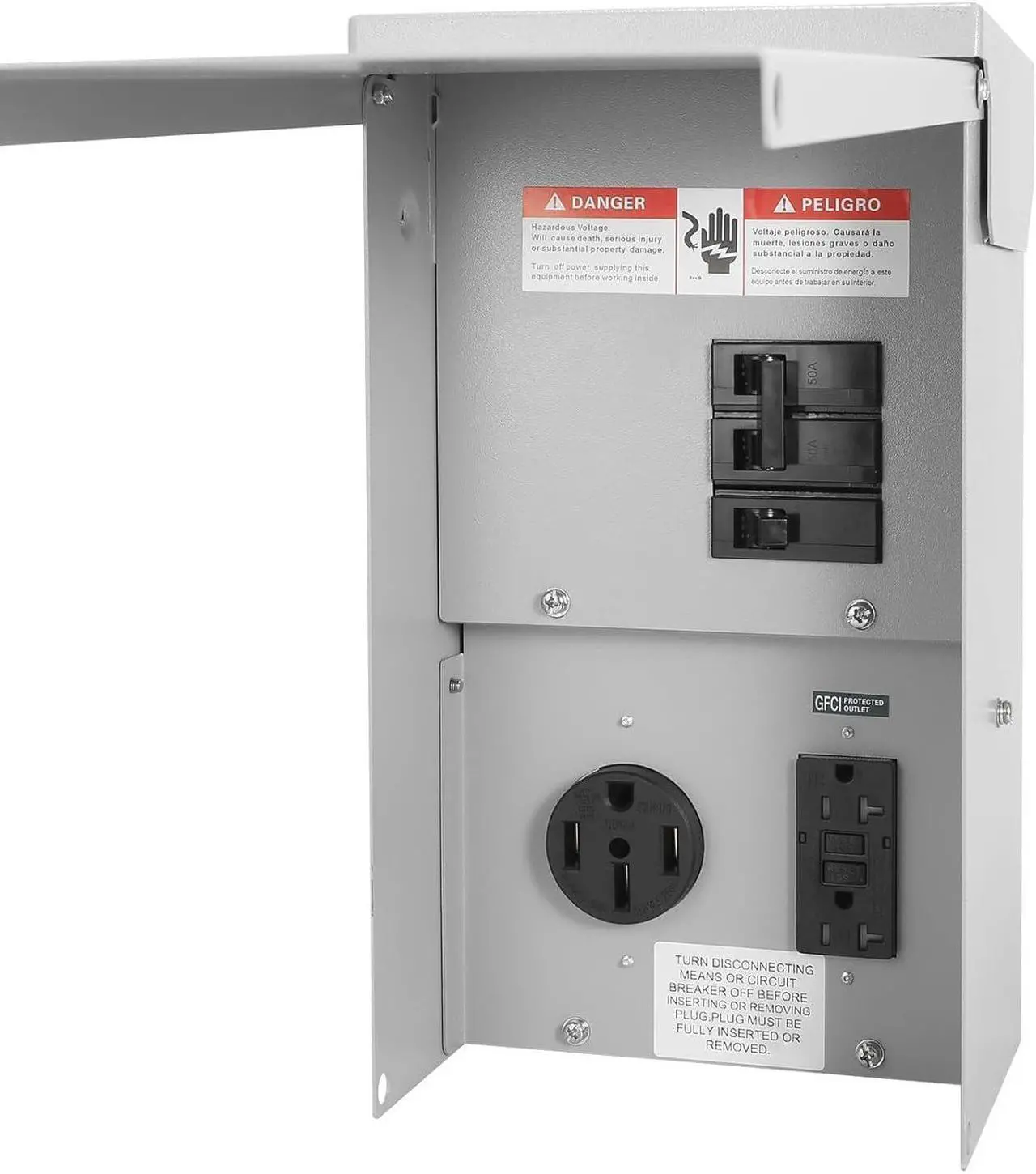 Main image of Electrical Power Outlet Panel Weatherproof RV Receptacle Box with 50 Amp Breaker 20 Amp GFCI Outlet Outdoor Panel for RV Camper Car Travel Generator Motorhome