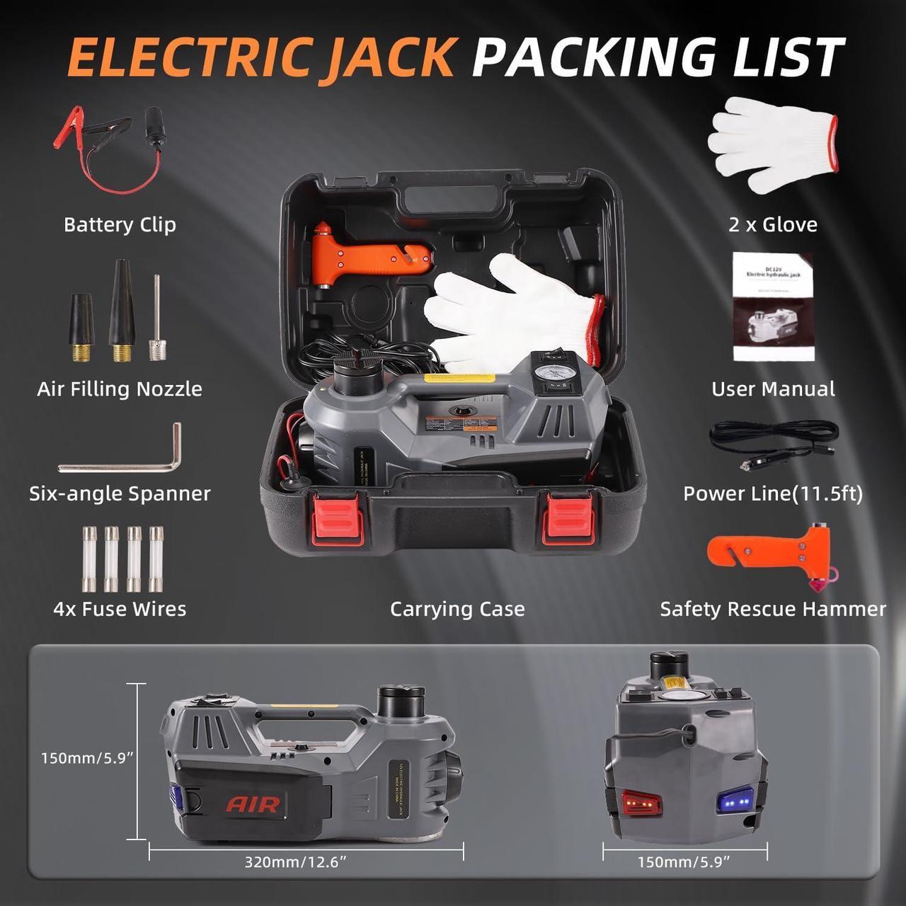Alt view image 6 of 6 - Electric Car Jack with Tire Inflator 5 Ton Floor Jack Hydraulic, Electric Hydraulic Jack with LED Light Car Lift for VehicleRoadside Emergency Tire Repair Kit (Gray)