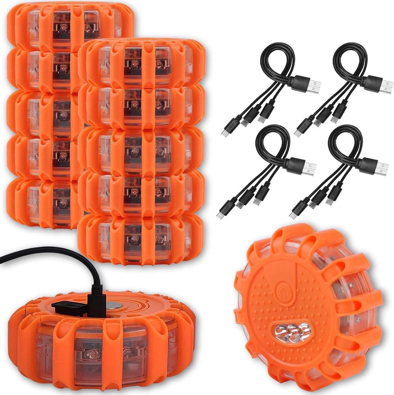 Main image of USB Rechargeable LED Road Flares Emergency Lights-Roadside Warning Car Safety Beacon Flashing Disc Flare Kit with Magnetic Base for Vehicles & Boat | 12 Beacon Disc Pack