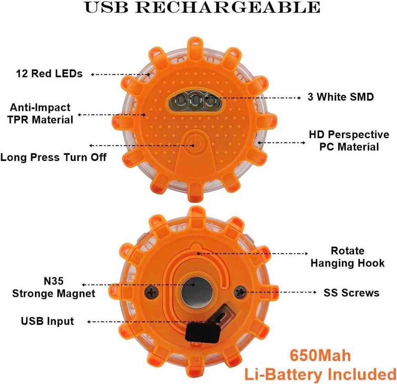 Alt view image 2 of 7 - USB Rechargeable LED Road Flares Emergency Lights-Roadside Warning Car Safety Beacon Flashing Disc Flare Kit with Magnetic Base for Vehicles & Boat | 12 Beacon Disc Pack