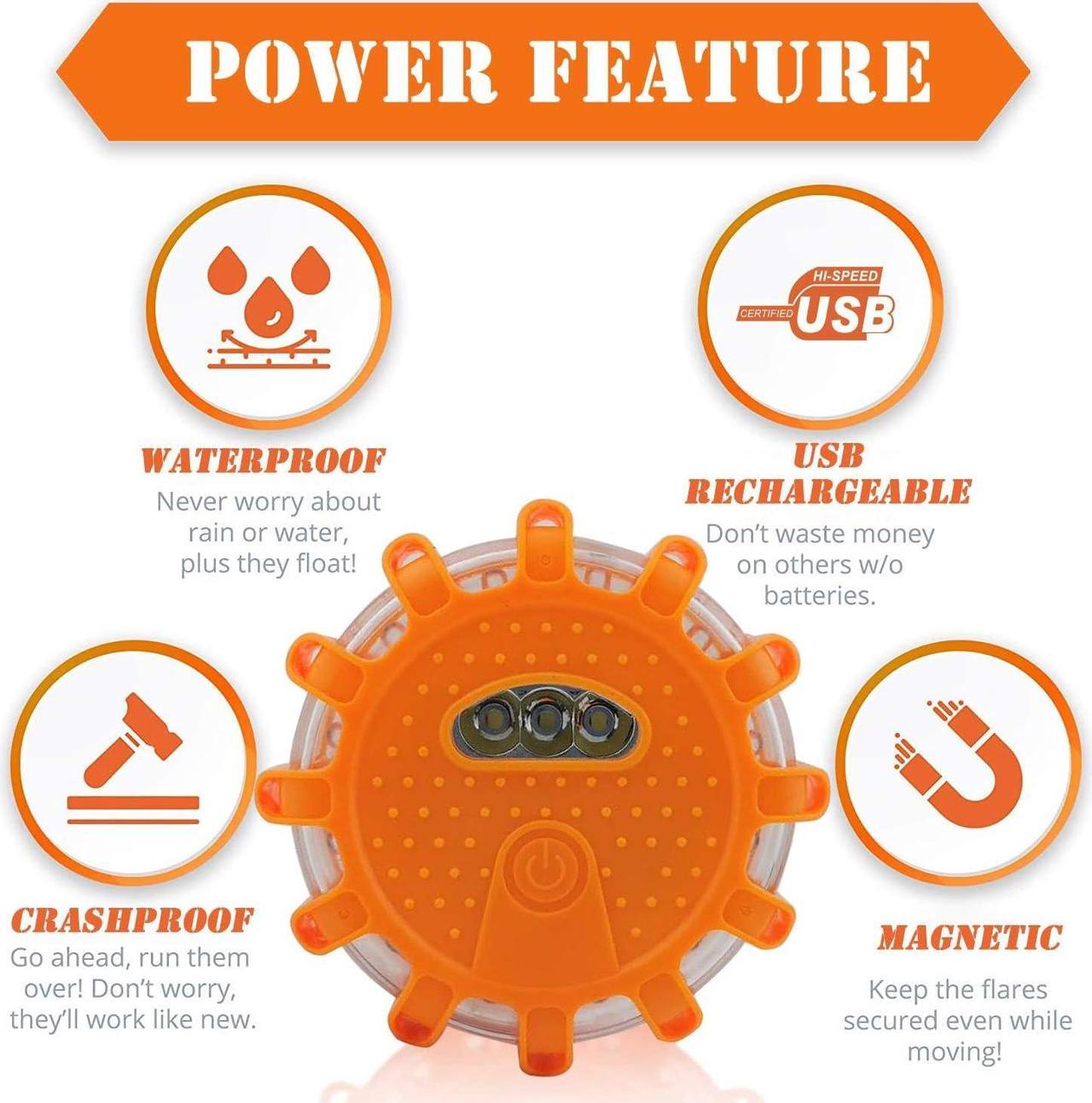 Alt view image 3 of 7 - USB Rechargeable LED Road Flares Emergency Lights-Roadside Warning Car Safety Beacon Flashing Disc Flare Kit with Magnetic Base for Vehicles & Boat | 12 Beacon Disc Pack
