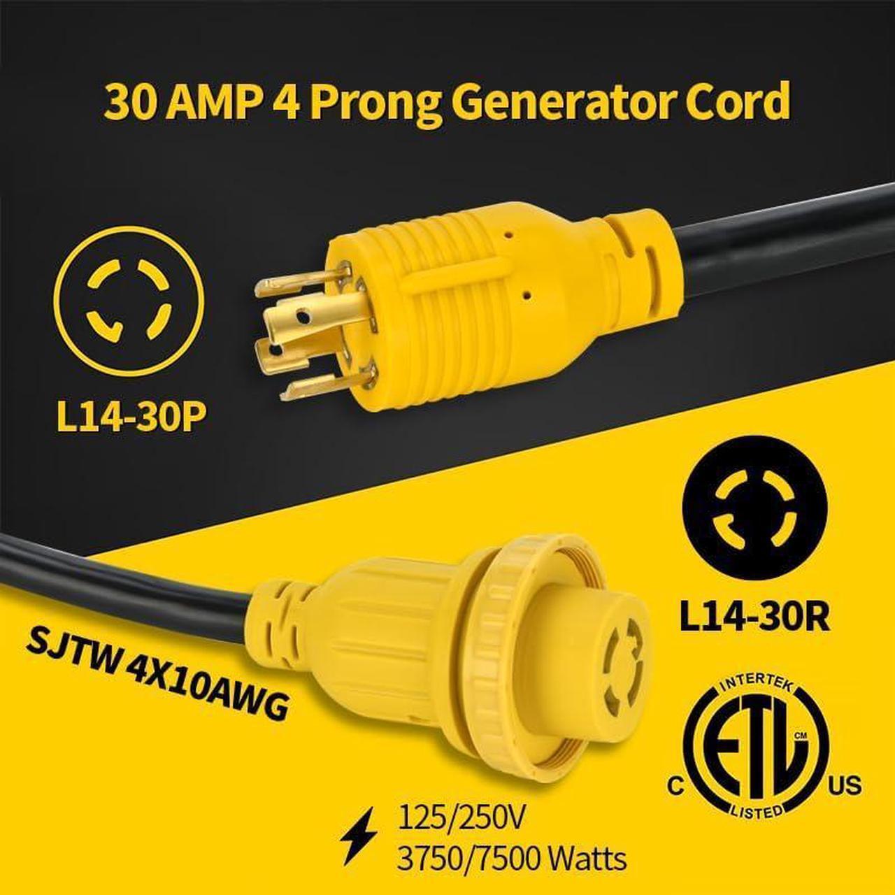 Alt view image 3 of 7 - 30 Amp 4 Prong 10FT Generator Extension Cord and Inlet Box with Locking Connector, Heavy Duty NEMA L14-30P/L14-30R, 125/250V 7500W 10 Gauge Generator to House Power Cord(10FT