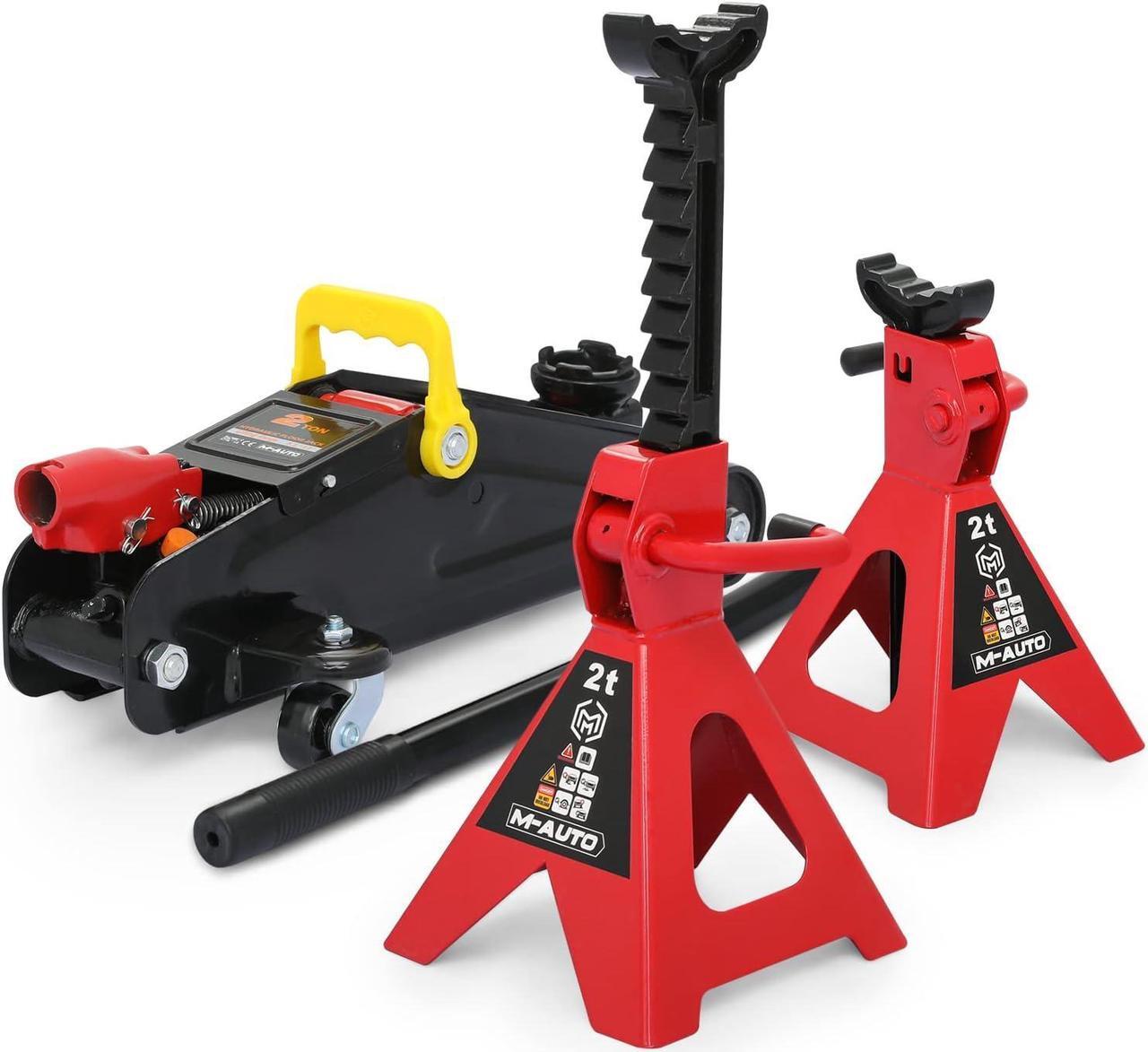 Main image of Hydraulic Trolley Floor Jack Combo with 2 Jack Stands, 2 Ton (4000 lb) Capacity, Steel Car Jacks Adjustable Height 10 3/4" to 16 3/4", Car Lift Auto Repair Tools, Red (Set of 3)