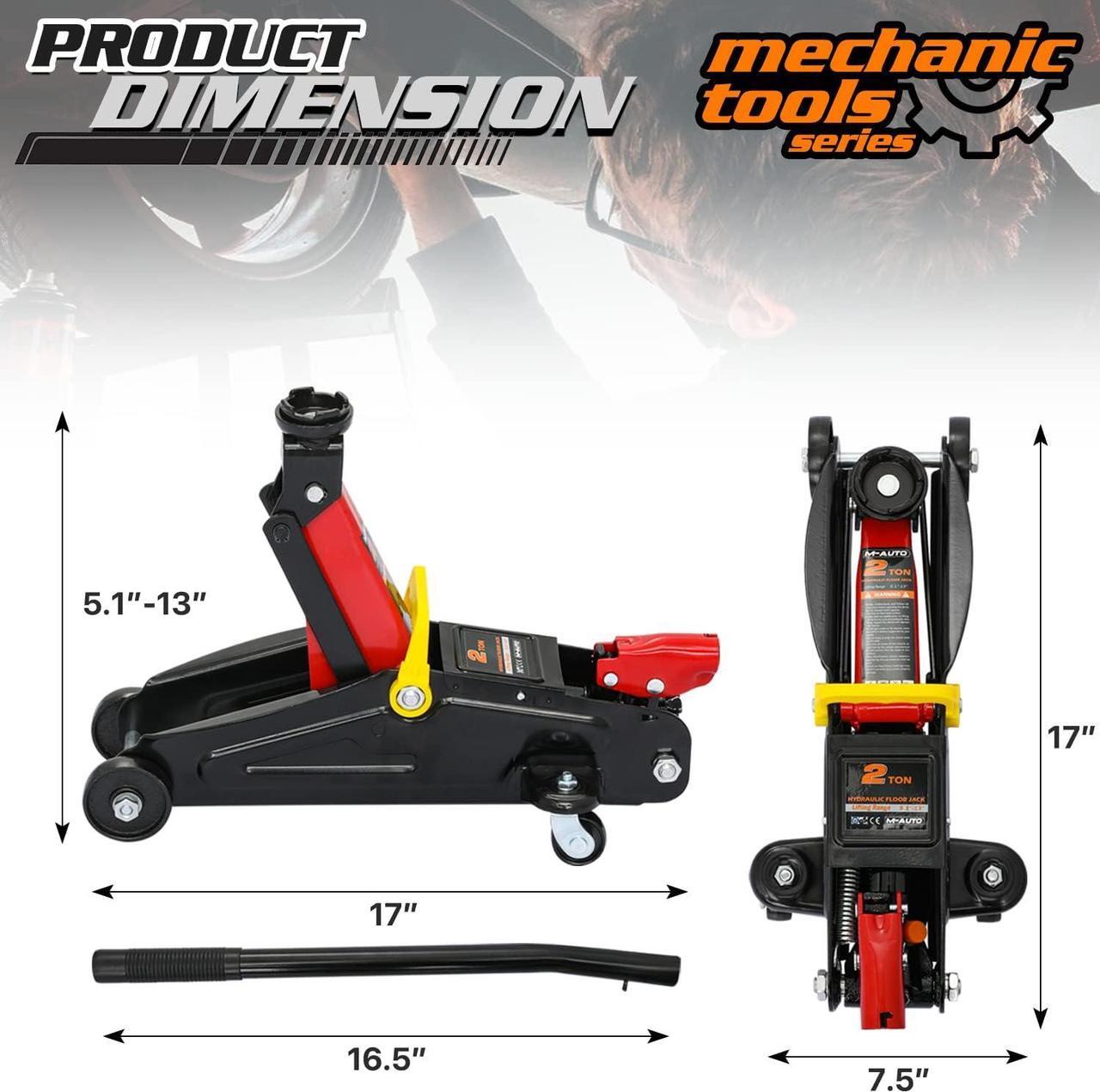 Alt view image 2 of 7 - Hydraulic Trolley Floor Jack Combo with 2 Jack Stands, 2 Ton (4000 lb) Capacity, Steel Car Jacks Adjustable Height 10 3/4" to 16 3/4", Car Lift Auto Repair Tools, Red (Set of 3)