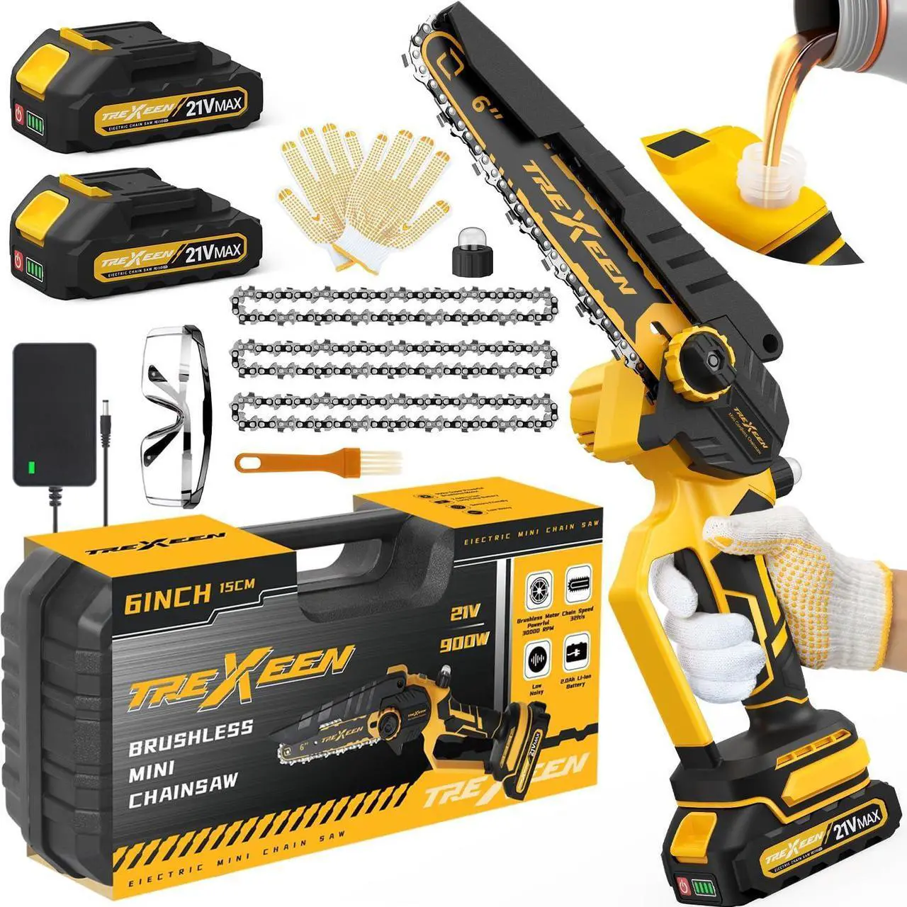 Main image of Mini Chainsaw, 6-Inch Electric Chainsaw Cordless - 2024 Upgraded 900W Brushless Portable Handheld Small Chain Saw with Auto Chain Regulator & Auto Oiler for Wood Cutting/TreeTrimming/Courtyard Garden