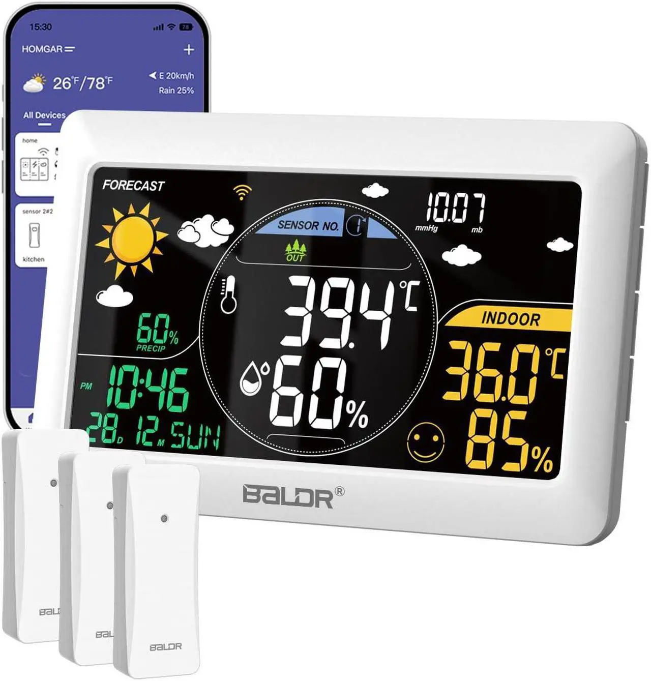 Main image of WiFi Weather Station with 3 Wireless Sensors, APP Smart Control Thermometer with Real Time Internet Forecast and Large Color VA Display(White)