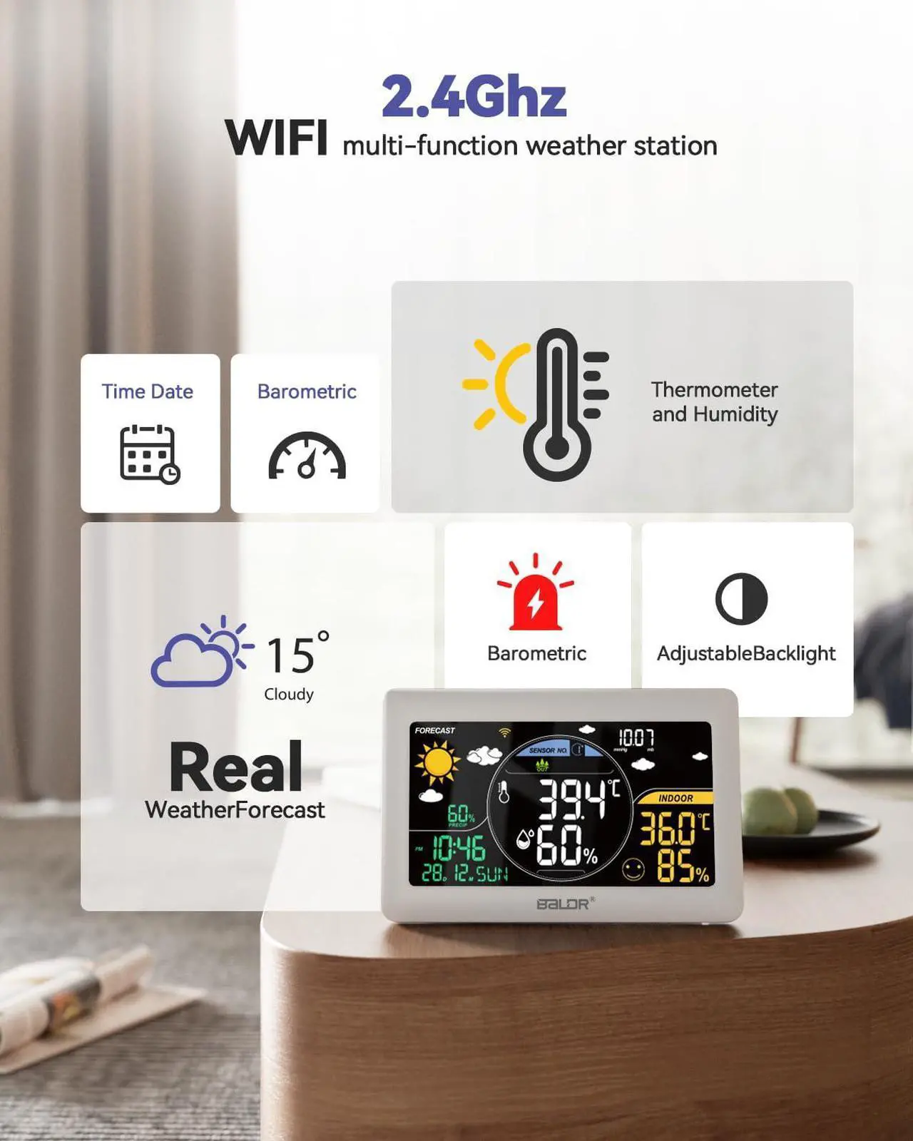 Alt view image 3 of 7 - WiFi Weather Station with 3 Wireless Sensors, APP Smart Control Thermometer with Real Time Internet Forecast and Large Color VA Display(White)
