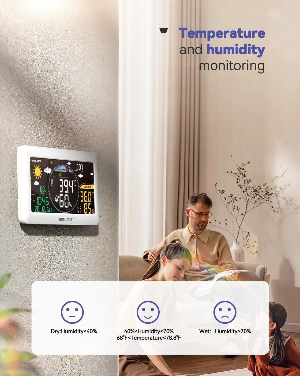 Alt view image 7 of 7 - WiFi Weather Station with 3 Wireless Sensors, APP Smart Control Thermometer with Real Time Internet Forecast and Large Color VA Display(White)