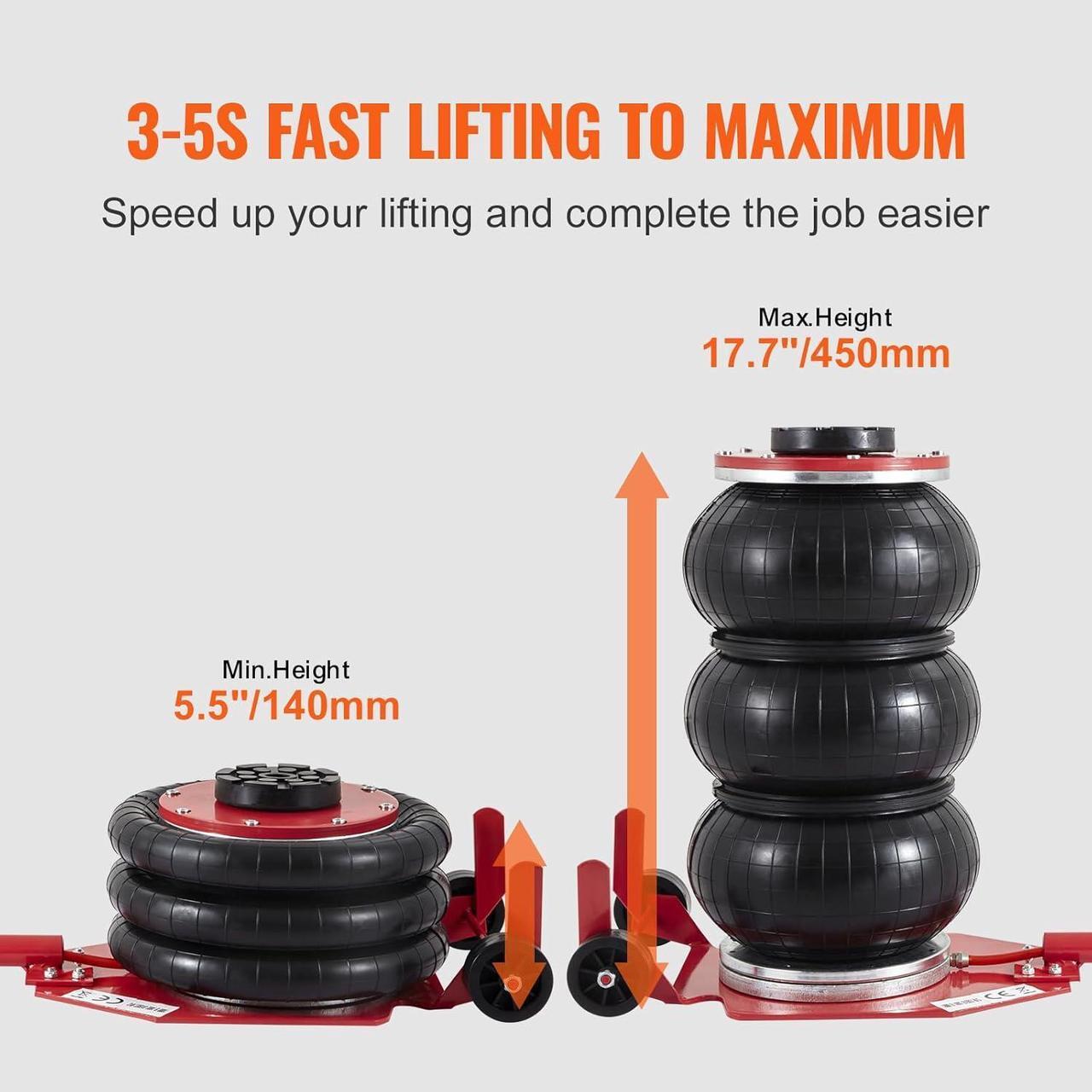 Alt view image 4 of 7 - Air Jack, 3 Ton/6600 lbs Triple Bag Air Jack, Airbag Jack with Six Steel Pipes, Lift up to 17.7 inch/450 mm, 3-5 s Fast Lifting Pneumatic Jack, with Long Handles for Cars, Garages, Repair, (Red)