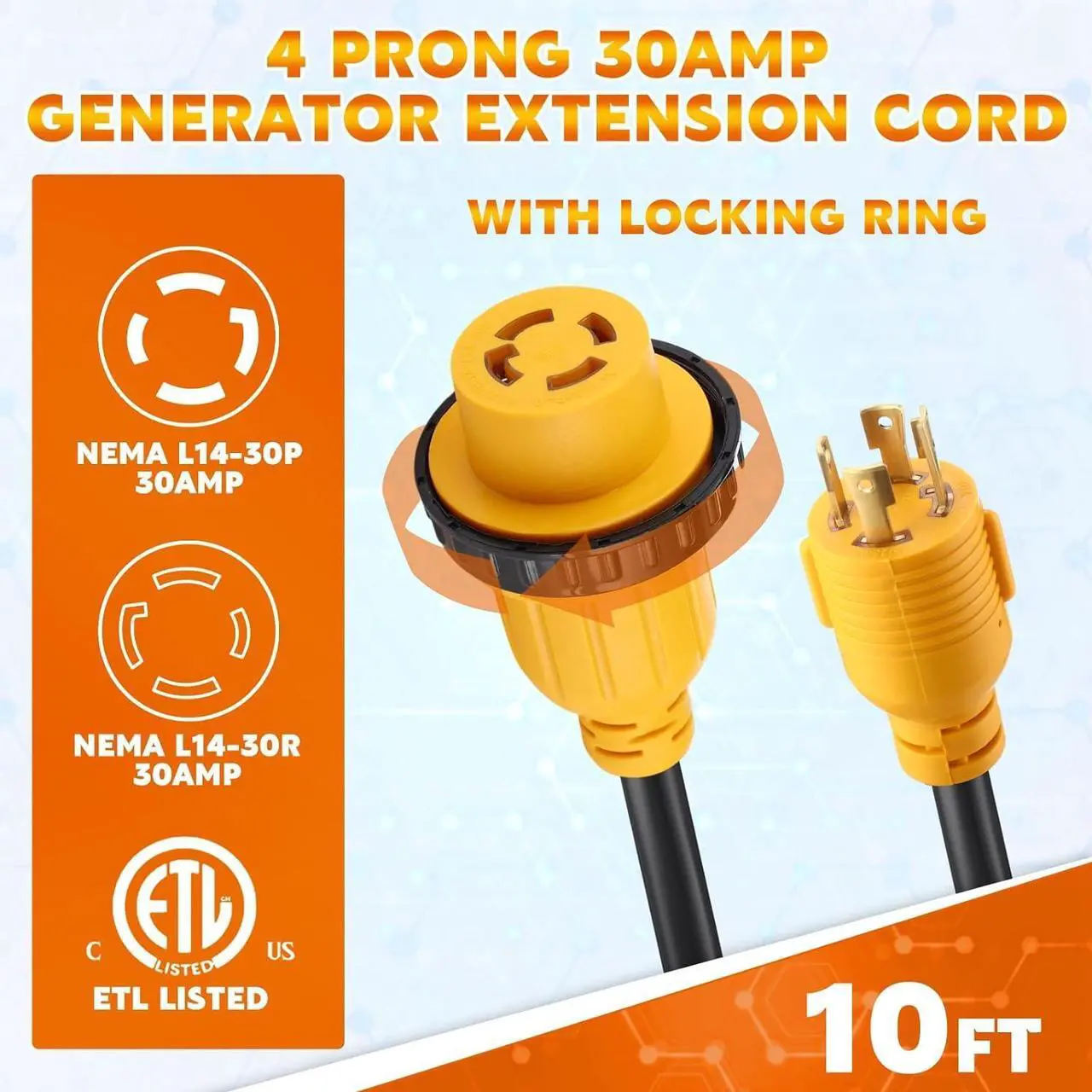 Alt view image 2 of 7 - 30 Amp 10FT Generator Cord and Pre-Drilled Power Inlet Box, 4 Prong NEMA L14-30P/L14-30R 125V/250V 7500W 10 Gauge Heavy Duty Extension Cord with Generator Interlock Kit, ETL Listed