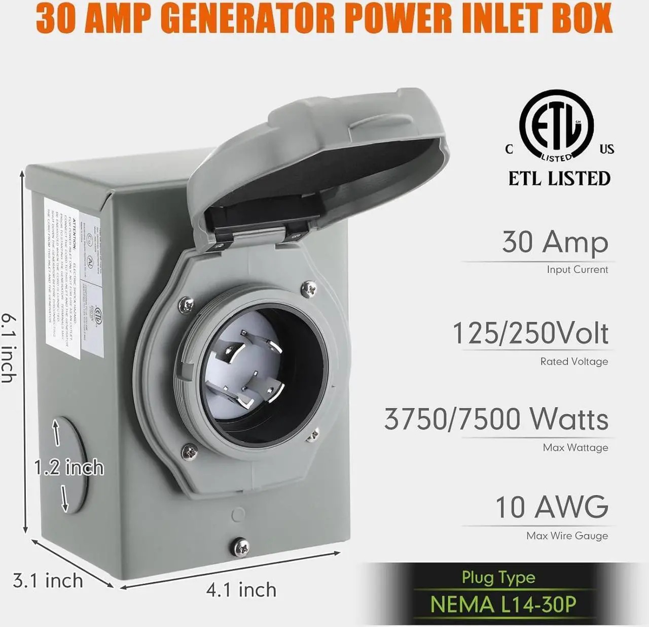 Alt view image 3 of 7 - 30 Amp 10FT Generator Cord and Pre-Drilled Power Inlet Box, 4 Prong NEMA L14-30P/L14-30R 125V/250V 7500W 10 Gauge Heavy Duty Extension Cord with Generator Interlock Kit, ETL Listed