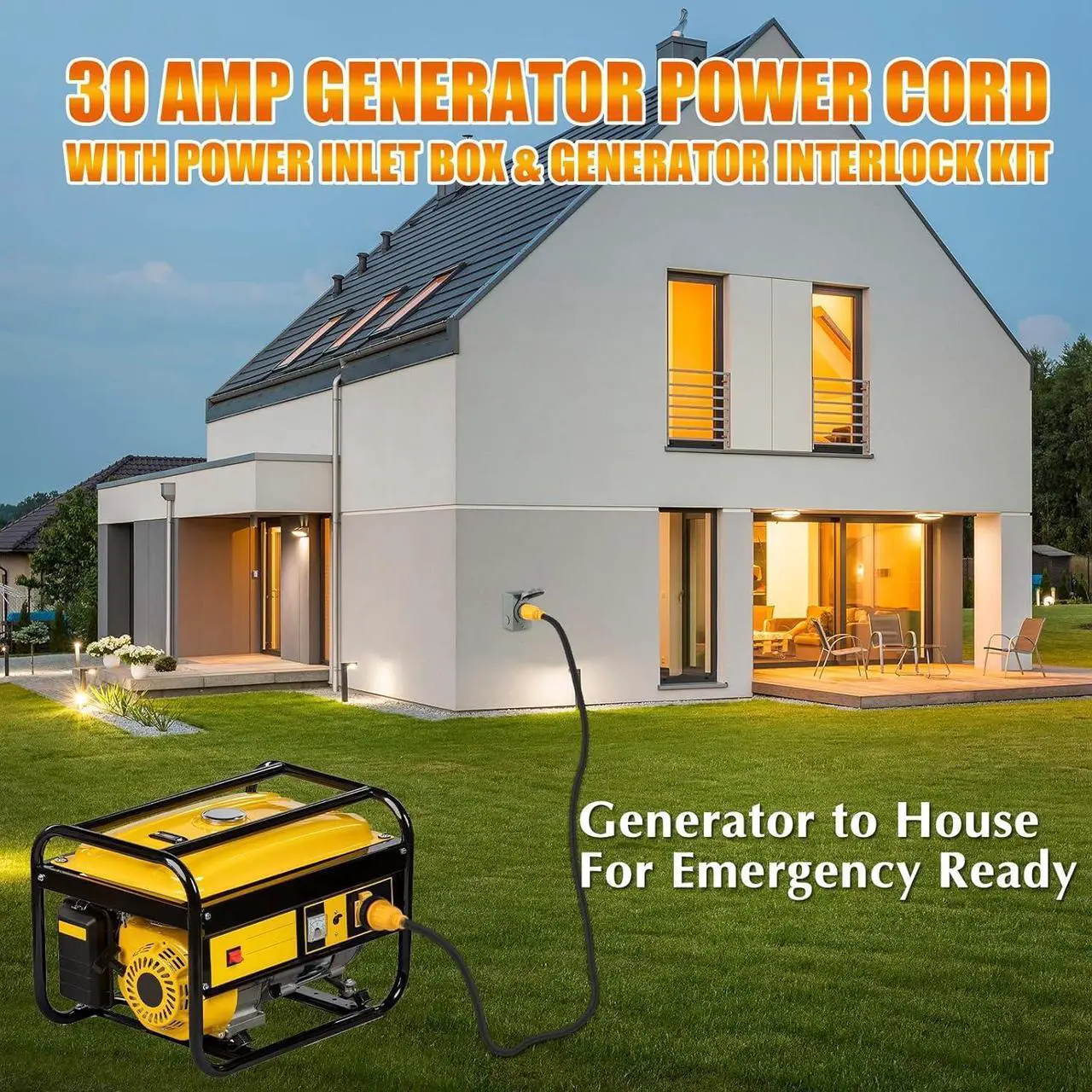 Alt view image 4 of 7 - 30 Amp 10FT Generator Cord and Pre-Drilled Power Inlet Box, 4 Prong NEMA L14-30P/L14-30R 125V/250V 7500W 10 Gauge Heavy Duty Extension Cord with Generator Interlock Kit, ETL Listed