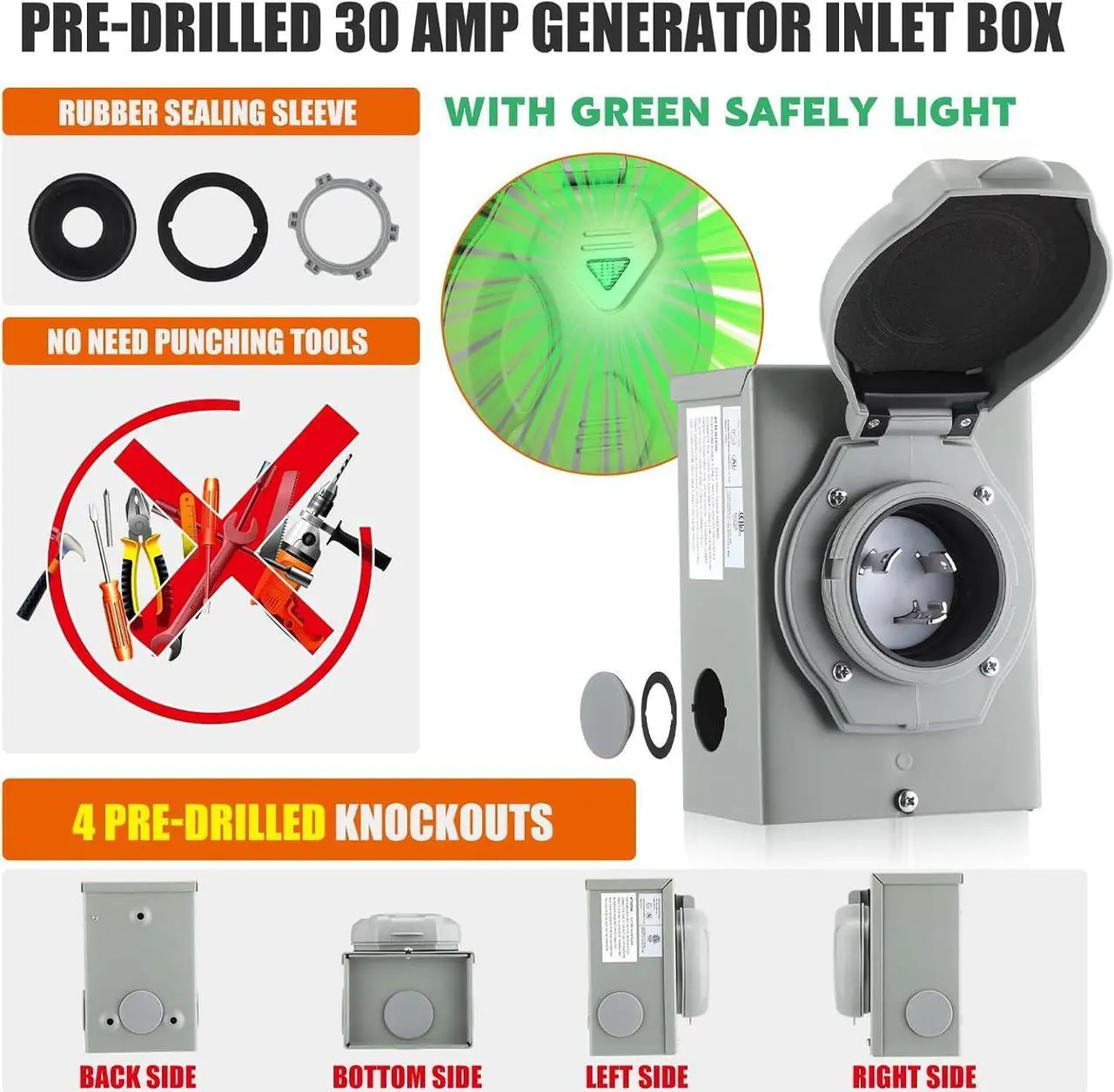 Alt view image 5 of 7 - 30 Amp 10FT Generator Cord and Pre-Drilled Power Inlet Box, 4 Prong NEMA L14-30P/L14-30R 125V/250V 7500W 10 Gauge Heavy Duty Extension Cord with Generator Interlock Kit, ETL Listed