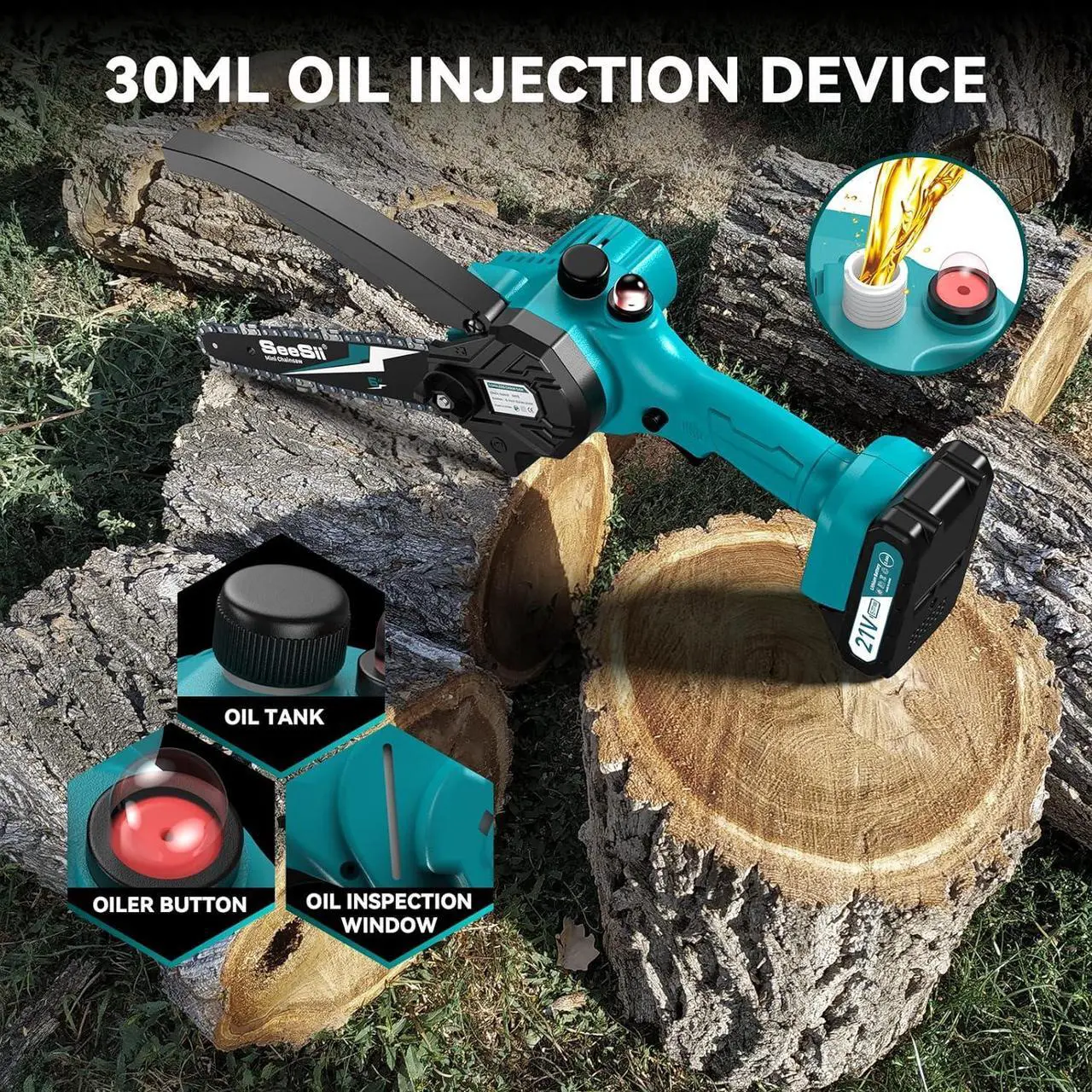 Alt view image 4 of 7 - Mini Chainsaw 6 inch,Cordless Chainsaw w/ 2x2000mAh Batteries,Oiler System & Replacement Chain,Handheld Electric Chain Saw w/Safety Lock,Battery Powered Chainsaw for Wood Tree Cutting, CH600+