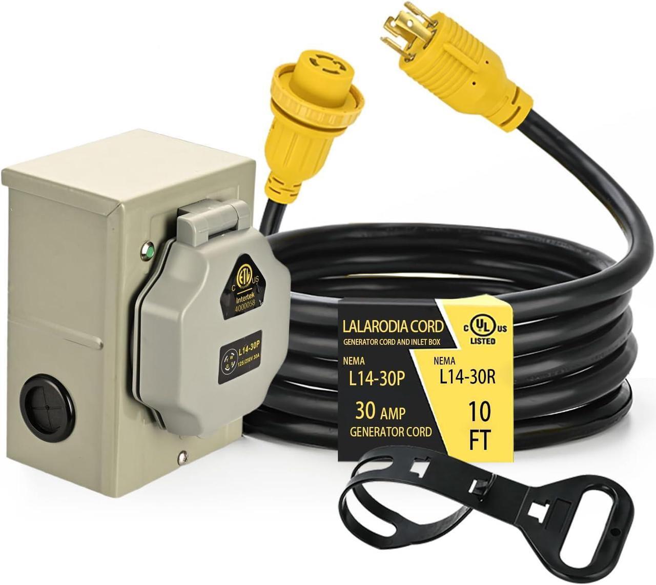 Main image of 30 Amp 4 Prong 10FT Generator Extension Cord and Inlet Box with Locking Connector, Heavy Duty NEMA L14-30P/L14-30R, 125/250V 7500W 10 Gauge Generator to House Power Cord(10FT