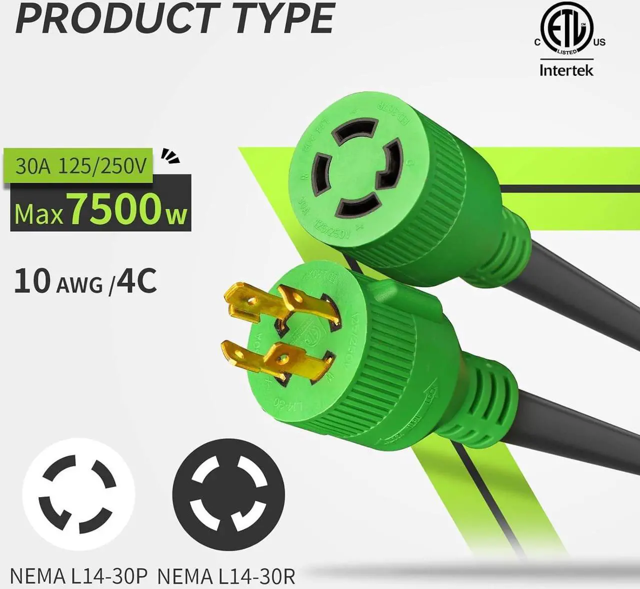Alt view image 3 of 6 - 30 Amp Generator Cord 4 Prong 35 Feet, NEMA L14-30P/L14-30R, 125/250V Up to 7500W 10 Gauge SJTW Generator Extension Cord, ETL Listed