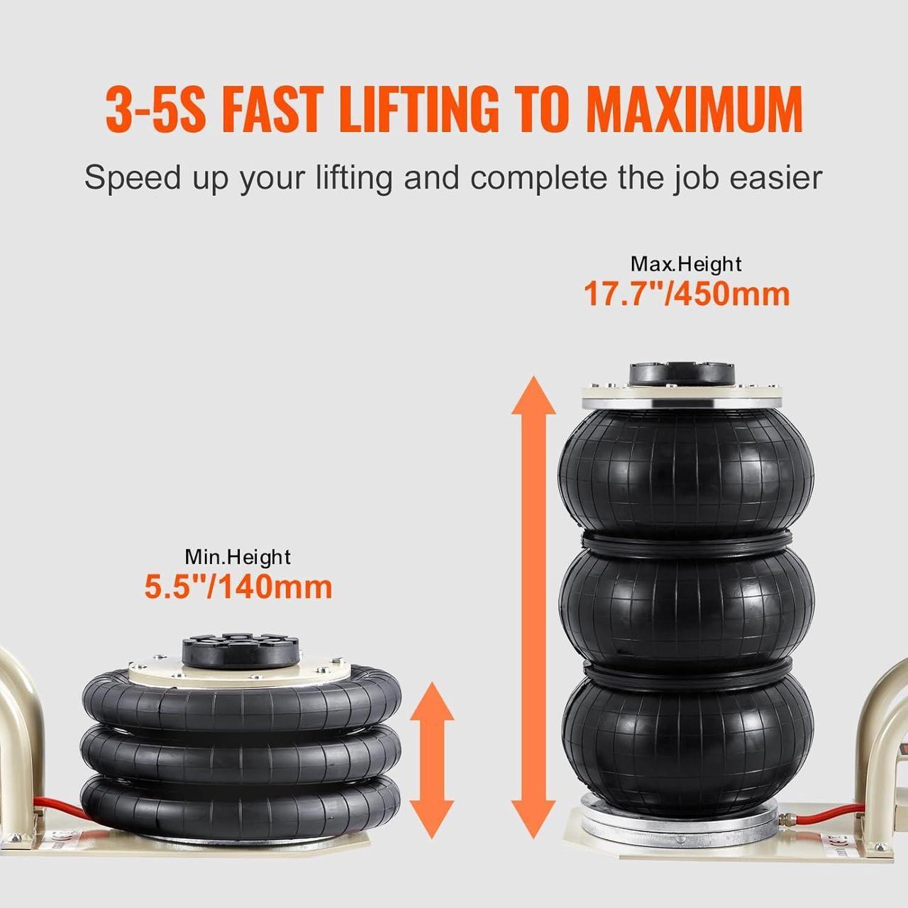Alt view image 3 of 7 - Air Jack, 3 Ton/6600 lbs Triple Bag Air Jack, Airbag Jack with Six Steel Pipes, Lift up to 17.7 inch/450 mm, 3-5 s Fast Lifting Pneumatic Jack, with Short Handles for Car Repair