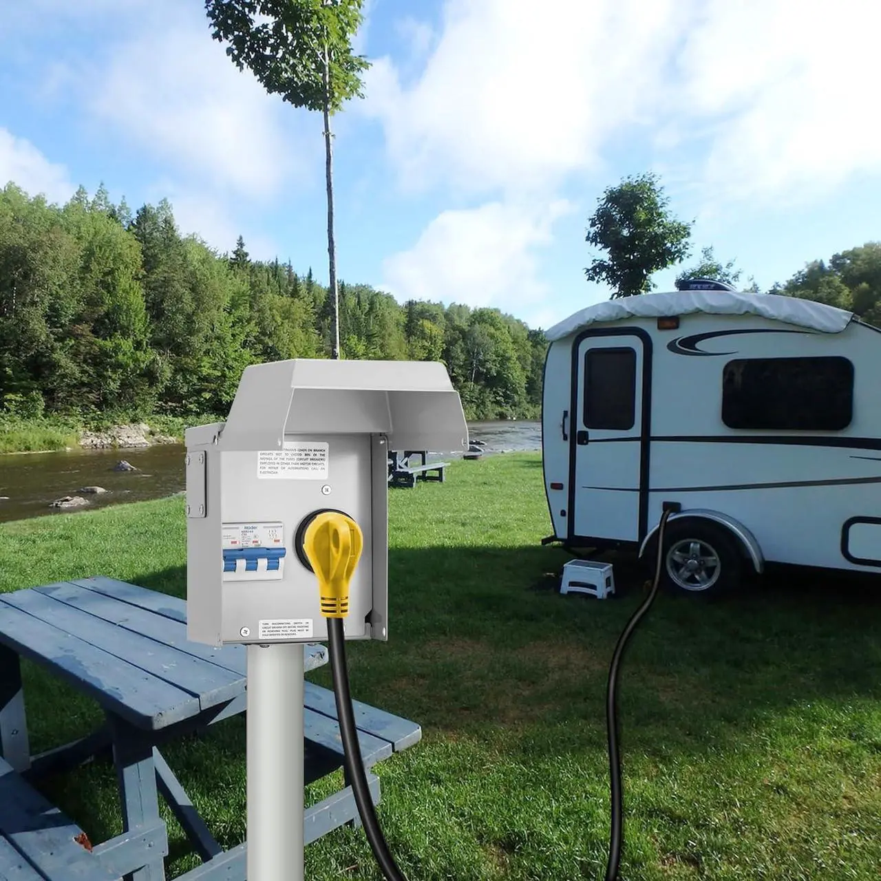 Alt view image 7 of 7 - 50 Amp Temporary RV Power Outlet with Breaker, Briidea Outdoor Breaker Box with NEMA 3R Waterproof Enclosure, Prewired, Five Pre-Reserving Holes for Easy Installation