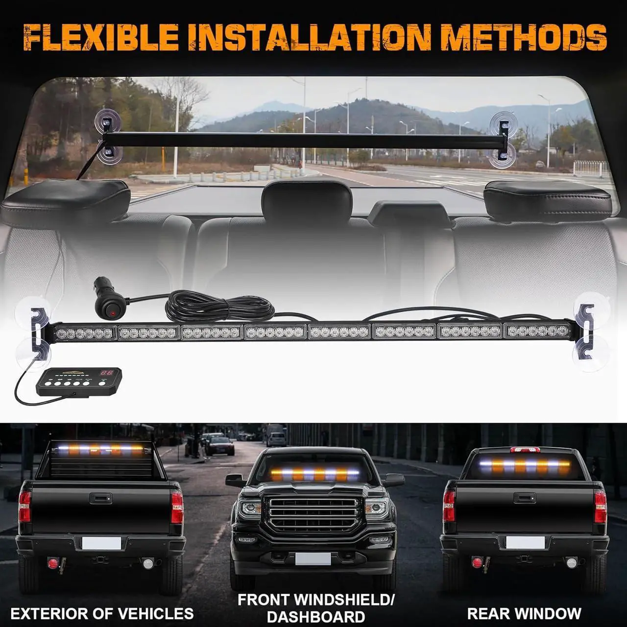 Alt view image 5 of 6 - 35 inch Traffic Advisor Light Bar 48 LED Strobe Lights Amber White Emergency Safety Warning Lights Front/Rear Window w/Display Controller for Construction Vehicles plow/Tow Trucks Wreckers