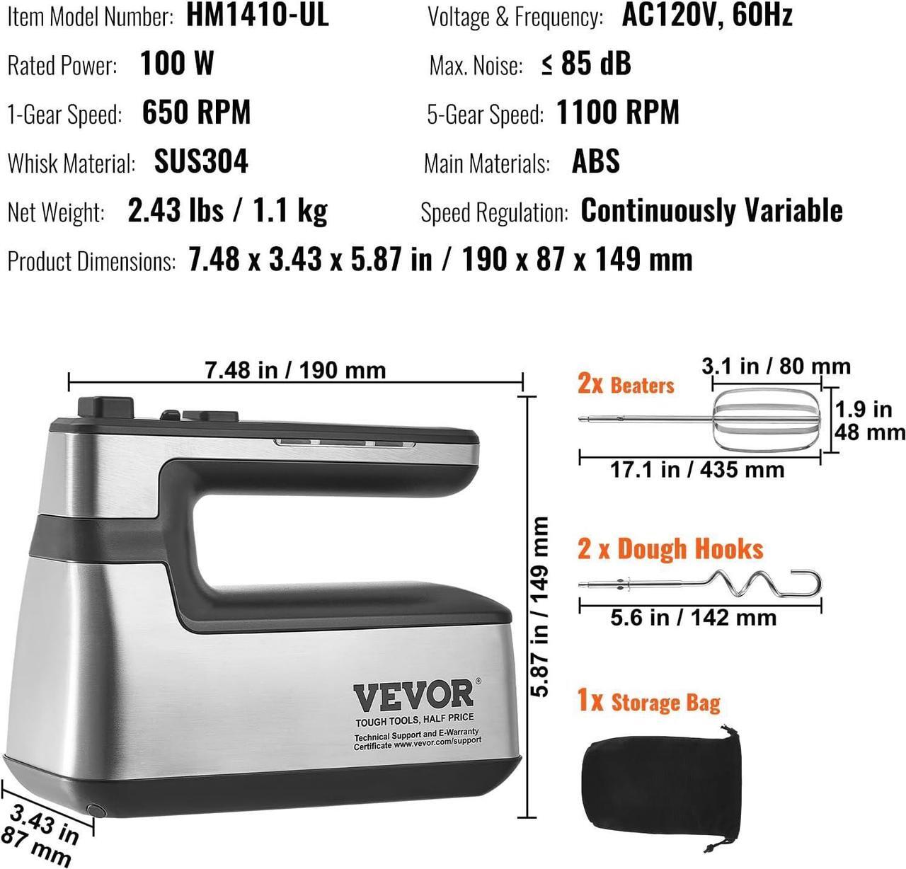 Alt view image 7 of 7 - Cordless Electric Hand Mixer,100W, Continuously Variable Electric Handheld Mixer, with Turbo Boost Beaters Dough Hooks Storage Bag, Baking Supplies for Whipping Mixing Egg Cookie Cake Cream