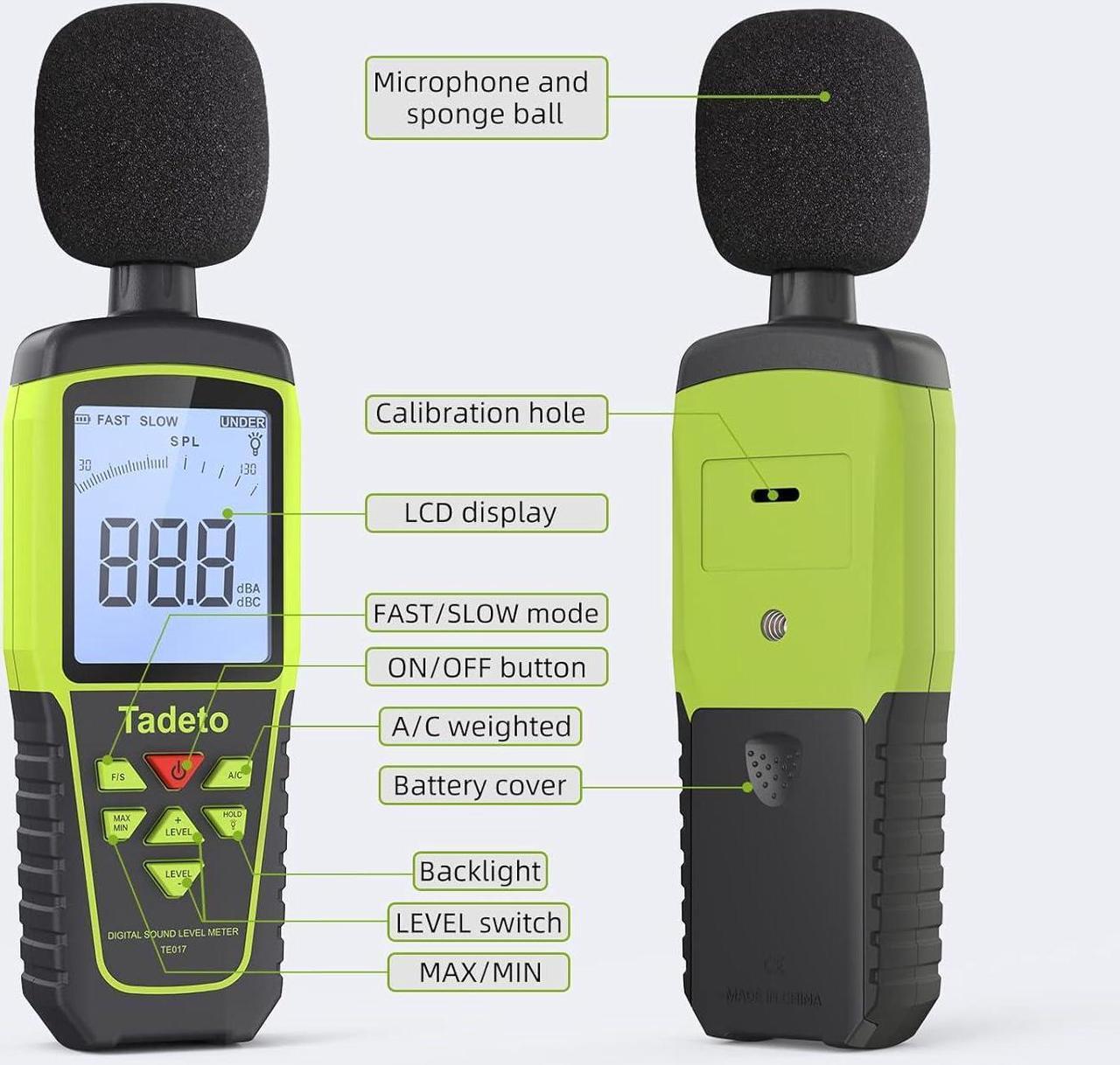 Alt view image 2 of 7 - Tadeto Digital Sound Level Meter Portable SPL Meter 30dB to 130dB(5 Measurement Range) Backlight LCD Display, MAX/MIN Noise Measurement, Audible and Visual Alarms,Data Hold, A/C Mode