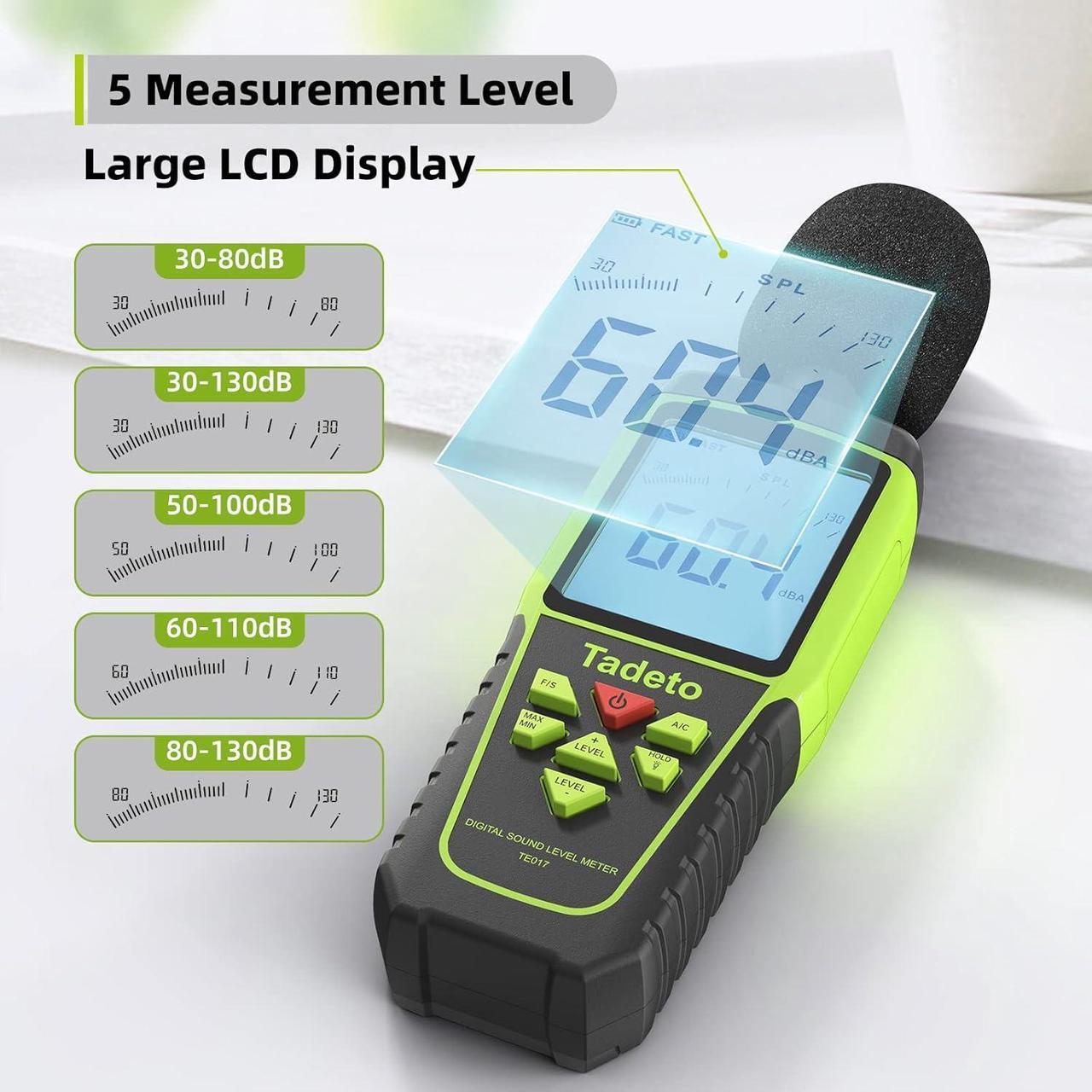 Alt view image 3 of 7 - Tadeto Digital Sound Level Meter Portable SPL Meter 30dB to 130dB(5 Measurement Range) Backlight LCD Display, MAX/MIN Noise Measurement, Audible and Visual Alarms,Data Hold, A/C Mode