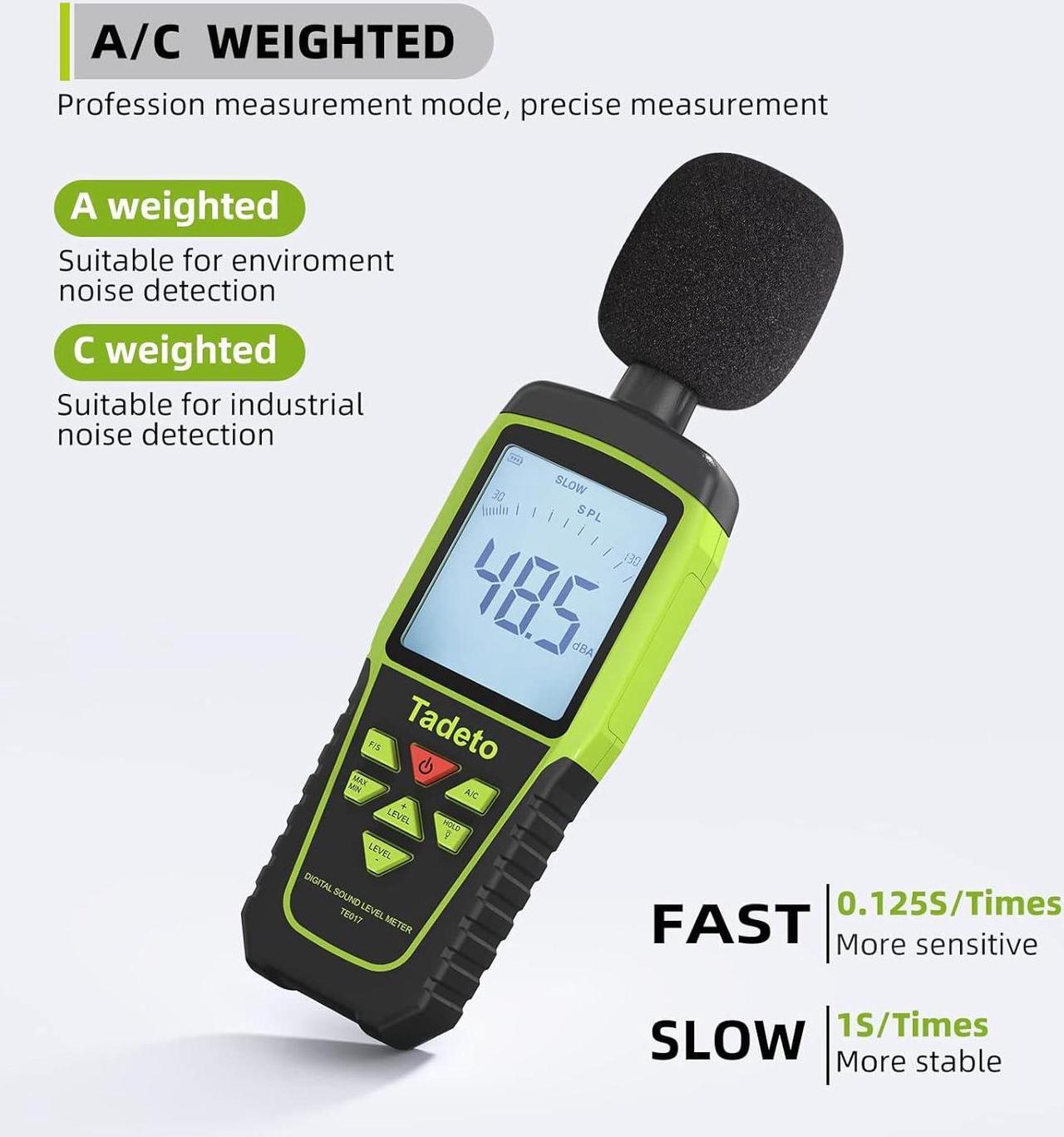 Alt view image 4 of 7 - Tadeto Digital Sound Level Meter Portable SPL Meter 30dB to 130dB(5 Measurement Range) Backlight LCD Display, MAX/MIN Noise Measurement, Audible and Visual Alarms,Data Hold, A/C Mode