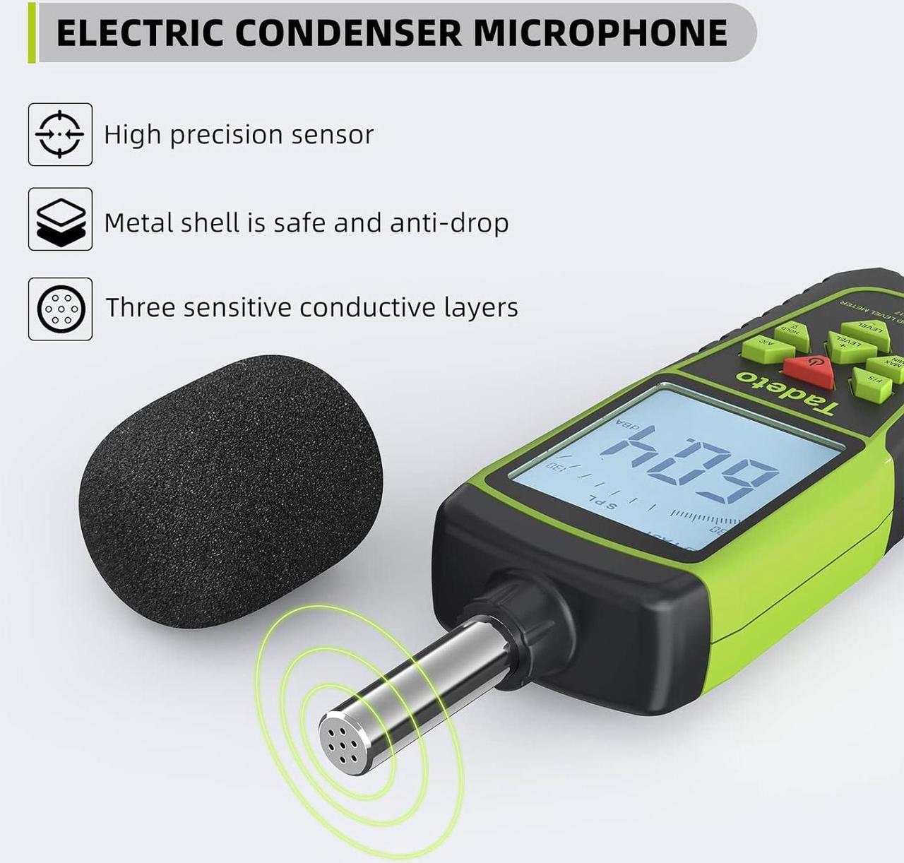 Alt view image 5 of 7 - Tadeto Digital Sound Level Meter Portable SPL Meter 30dB to 130dB(5 Measurement Range) Backlight LCD Display, MAX/MIN Noise Measurement, Audible and Visual Alarms,Data Hold, A/C Mode