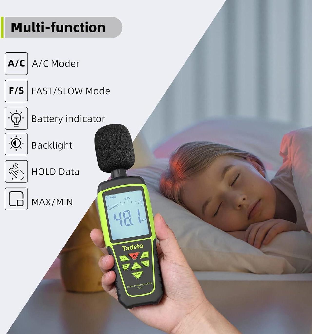 Alt view image 6 of 7 - Tadeto Digital Sound Level Meter Portable SPL Meter 30dB to 130dB(5 Measurement Range) Backlight LCD Display, MAX/MIN Noise Measurement, Audible and Visual Alarms,Data Hold, A/C Mode