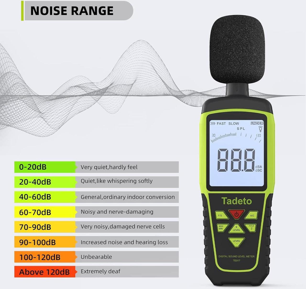 Alt view image 7 of 7 - Tadeto Digital Sound Level Meter Portable SPL Meter 30dB to 130dB(5 Measurement Range) Backlight LCD Display, MAX/MIN Noise Measurement, Audible and Visual Alarms,Data Hold, A/C Mode