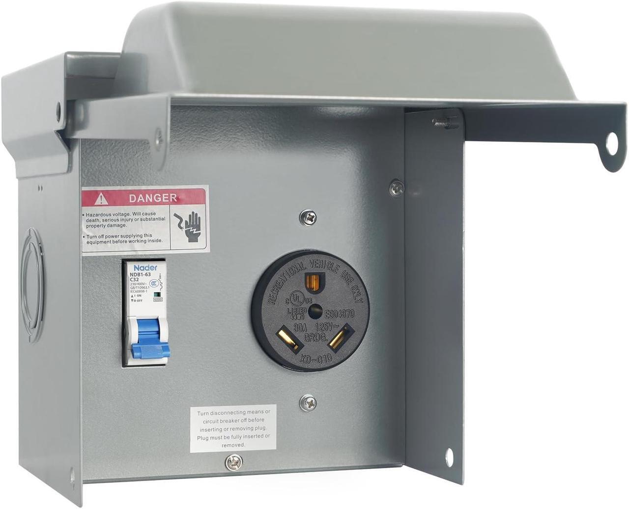Main image of 30 Amp RV Power Outlet Box Temporary Power Outlet with Breaker Outdoor Breaker Box Pre-Wired Electrical Panel for 125/250V RV/EV Camper Plug Trailer Motorhome Electric Car Generator