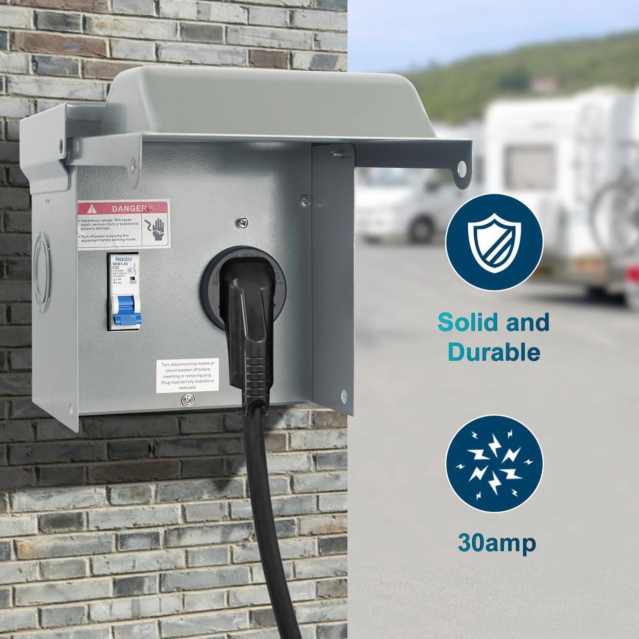 Alt view image 4 of 7 - 30 Amp RV Power Outlet Box Temporary Power Outlet with Breaker Outdoor Breaker Box Pre-Wired Electrical Panel for 125/250V RV/EV Camper Plug Trailer Motorhome Electric Car Generator
