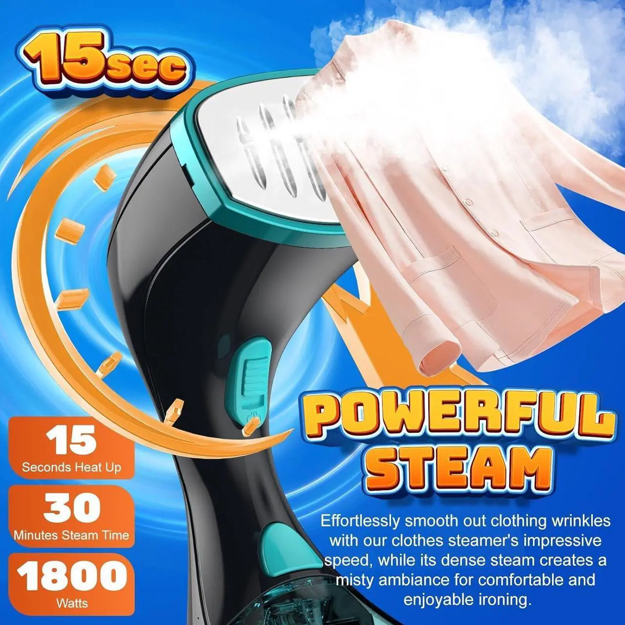 Alt view image 2 of 5 - 15s Fast Heat-Up and 1800W Powerful Steamer for Clothes with 3 Modes and 300ml Water Tank, Portable Clothes Steamer Iron with Heat-Resistant Glove and Fabric Brush for Home, Dorm, Travel