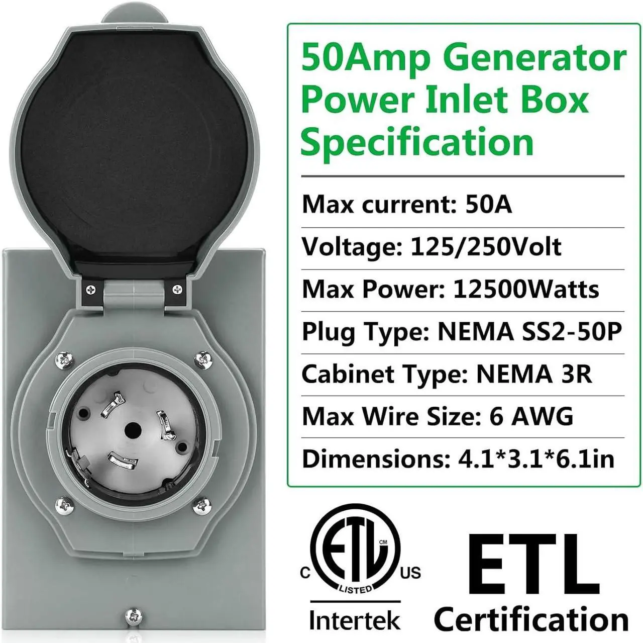 Alt view image 5 of 7 - 50 Amp Generator Power Inlet Box, ETL Listed NEMA SS2-50P Power Inlet Box for 3 Prong Generator Cord, 125/250 Volt, 12500 Watts Generator Transfer Switch Weatherproof, Outdoor Use