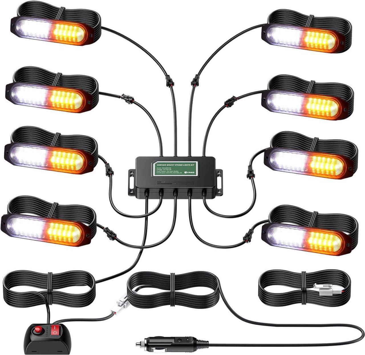 Main image of LED Surface Mount Strobe Lights Kit,White Amber Flashing Car Truck Strobe Lights,8pcs Surface Mount Emergency Warning Flashing Strobe Lights,30 Strobe Mode,Memory Function,12V,24V,Waterproof