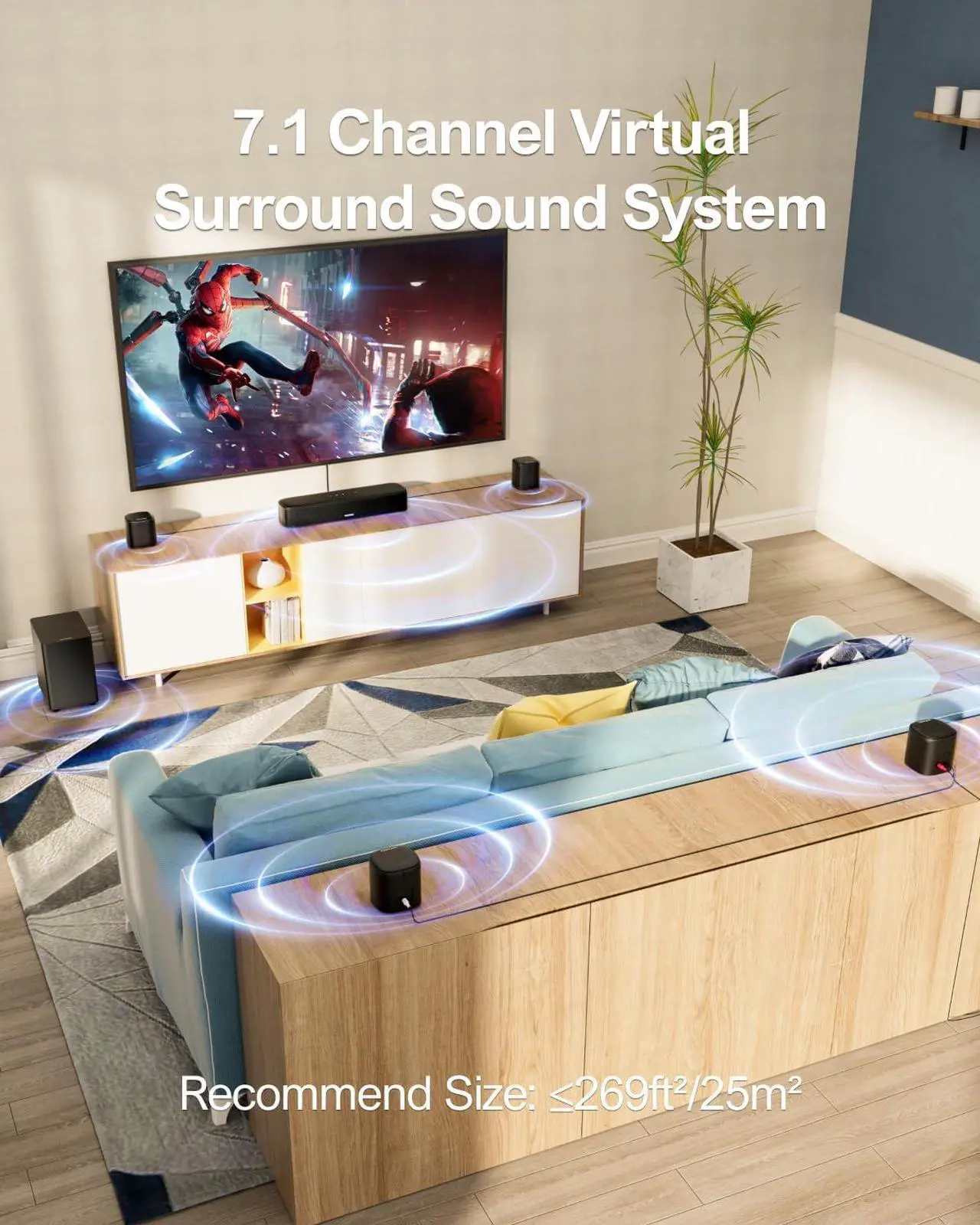 Alt view image 2 of 7 - 7.1ch Virtual Surround Sound Bar, Sound Bar for Smart TV with 4 Surround Speakers, Peak Power 330W, Surround Sound System for TV, App Control, TV Soundbar with Subwoofer, Opt/AUX/BT, Aura A40