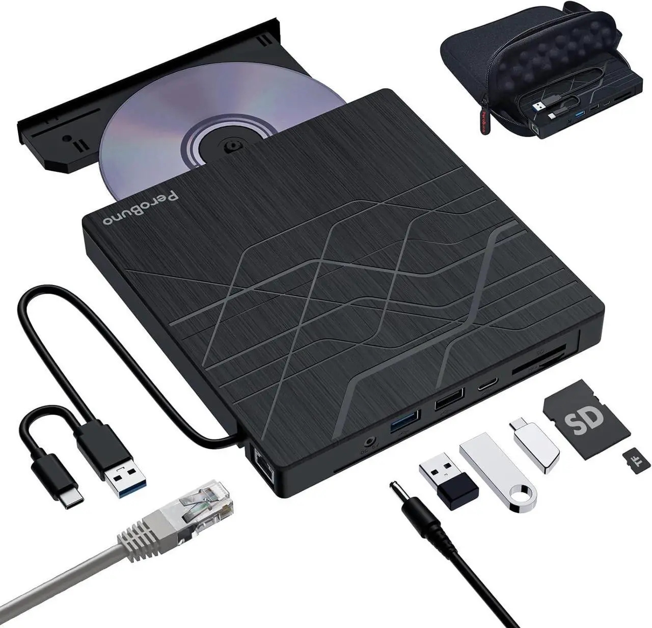 Main image of Super External CD DVD Drive, USB 3.0 DVD Burner with Ethernet Adapter, 3 USB and 2 TF/SD Card Ports, CD DVD Player Reader Writer Optical Disk Drive for Laptop PC Mac Windows Linux with Carrying Case