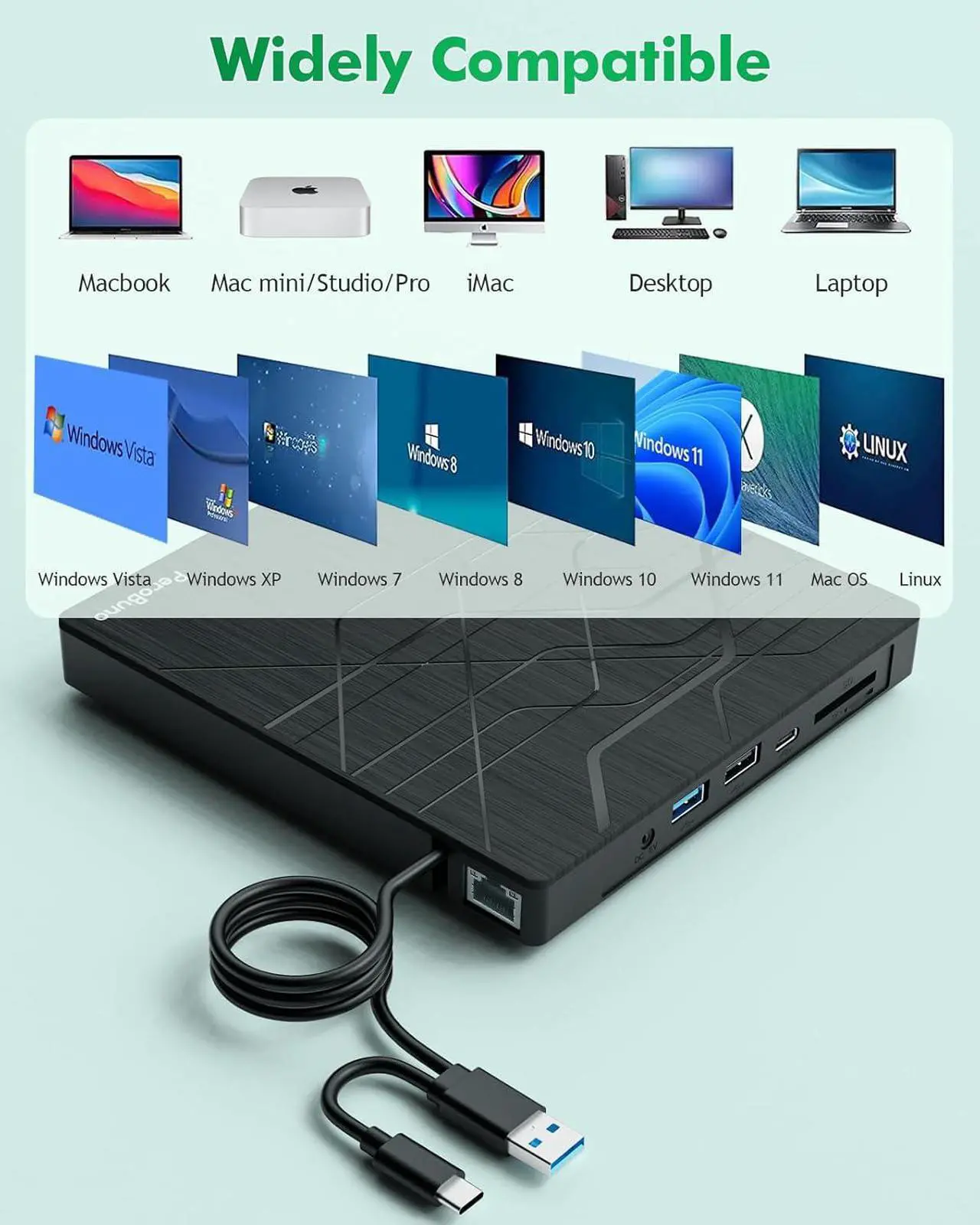 Alt view image 6 of 7 - Super External CD DVD Drive, USB 3.0 DVD Burner with Ethernet Adapter, 3 USB and 2 TF/SD Card Ports, CD DVD Player Reader Writer Optical Disk Drive for Laptop PC Mac Windows Linux with Carrying Case