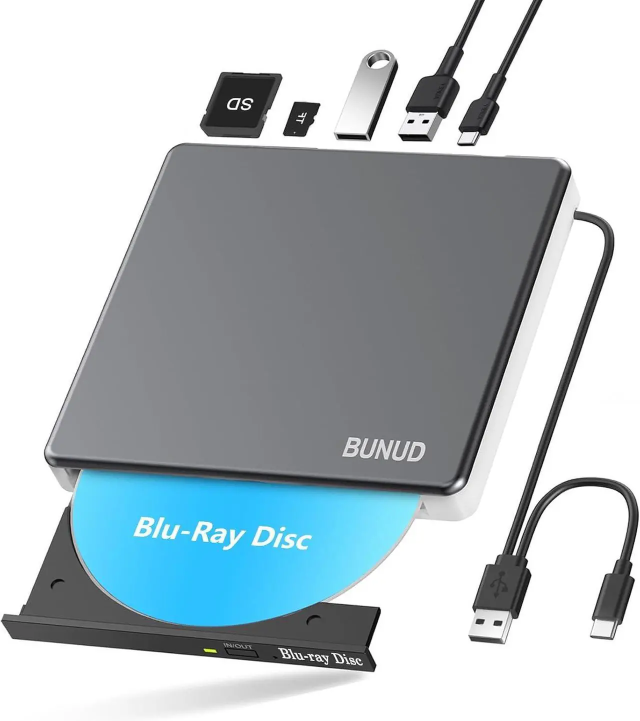 Main image of External Blu Ray CD DVD Drive, USB 3.0 Type C Blu ray Burner BD Player Read/Write Portable Bluray Drive Slim Optical Blue Ray CD DVD Reader for Laptop PC Windows 11 MacBook Pro Air Desktop Linux OS