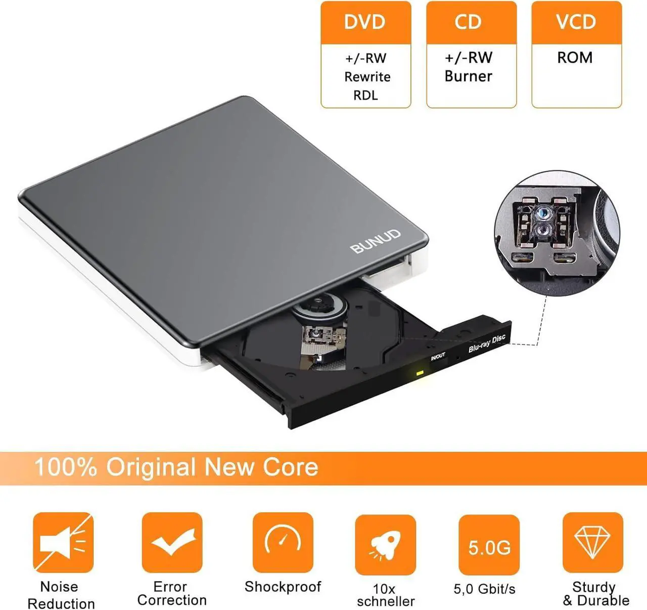 Alt view image 4 of 7 - External Blu Ray CD DVD Drive, USB 3.0 Type C Blu ray Burner BD Player Read/Write Portable Bluray Drive Slim Optical Blue Ray CD DVD Reader for Laptop PC Windows 11 MacBook Pro Air Desktop Linux OS