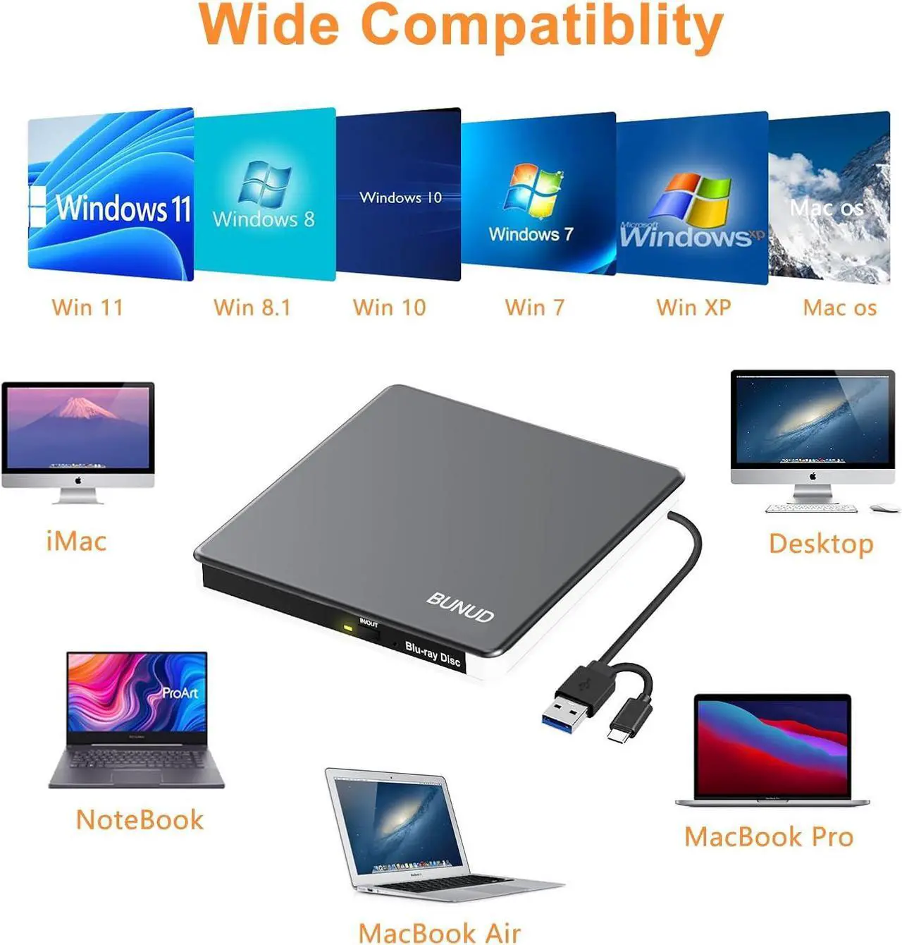 Alt view image 7 of 7 - External Blu Ray CD DVD Drive, USB 3.0 Type C Blu ray Burner BD Player Read/Write Portable Bluray Drive Slim Optical Blue Ray CD DVD Reader for Laptop PC Windows 11 MacBook Pro Air Desktop Linux OS