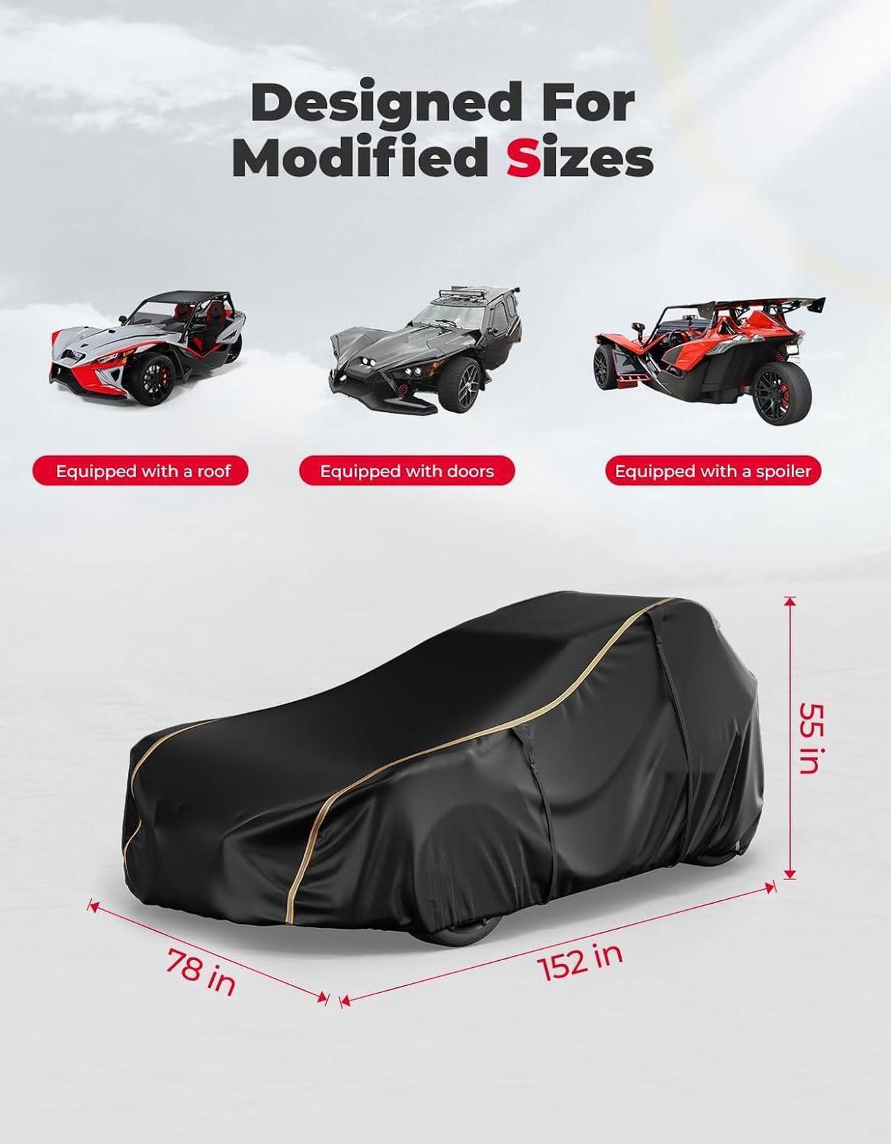 Alt view image 2 of 7 - Full Cover Compatible with Polaris Slingshot with Roof 2023 2024 S SL SLR R ROUSH Edition Waterproof Windproof All Weather Protection Covers with Reflective Strips for Slingshot Accessories
