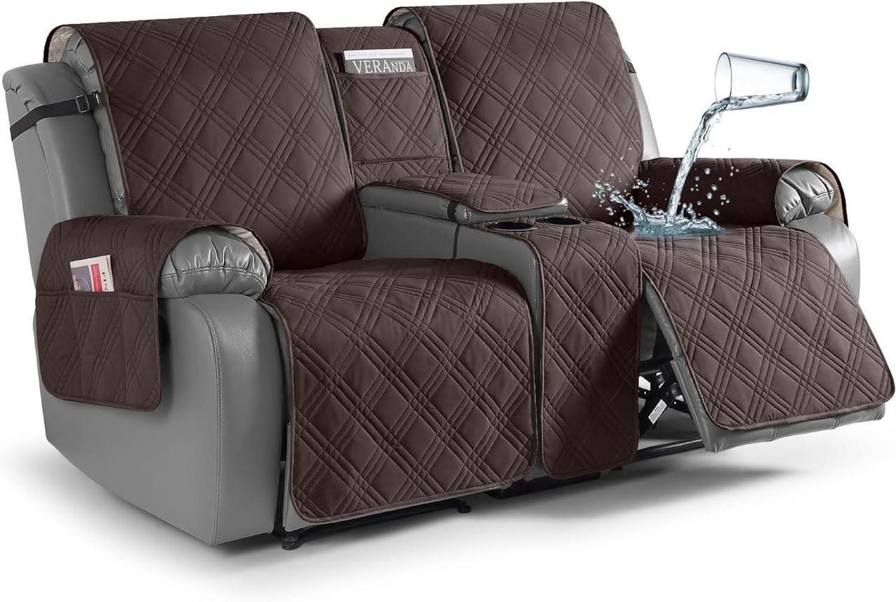 Main image of Loveseat Recliner Cover with Center Console, 100% Waterproof Pet Cover for Dual Recliner with Straps Design, Split Reclining Loveseat Cover Furniture Pet&Kids Protector (2 Seater, Chocolate)