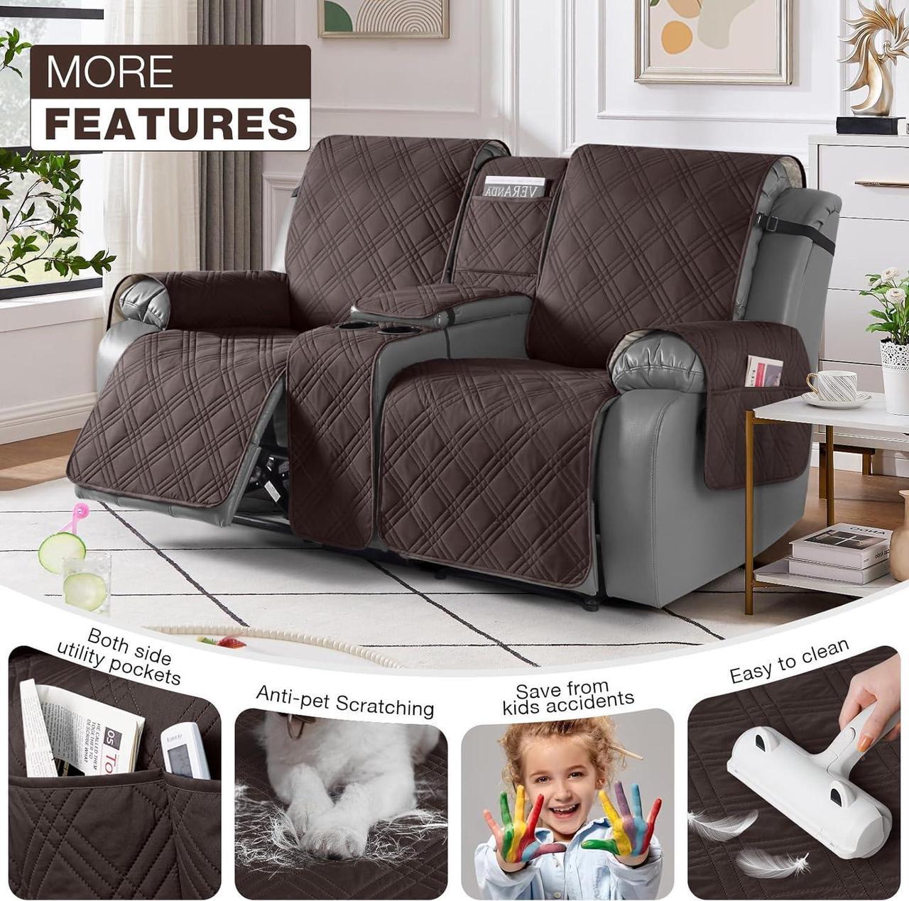 Alt view image 3 of 7 - Loveseat Recliner Cover with Center Console, 100% Waterproof Pet Cover for Dual Recliner with Straps Design, Split Reclining Loveseat Cover Furniture Pet&Kids Protector (2 Seater, Chocolate)